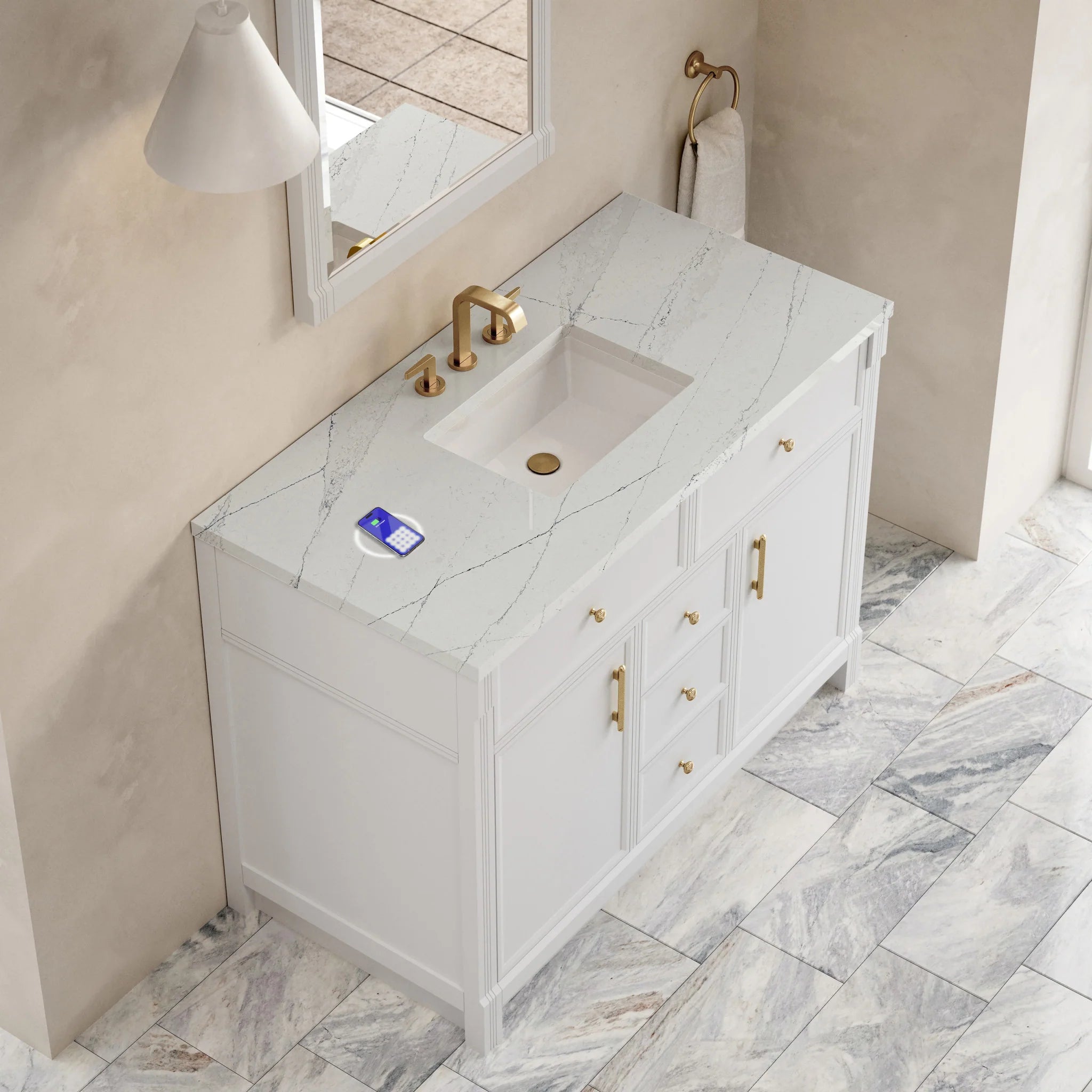 48" Bellshire Single Vanity in Bright White w/FreePower Wireless Charger by James Martin Vanities-Ethereal Noctis Silestone 5