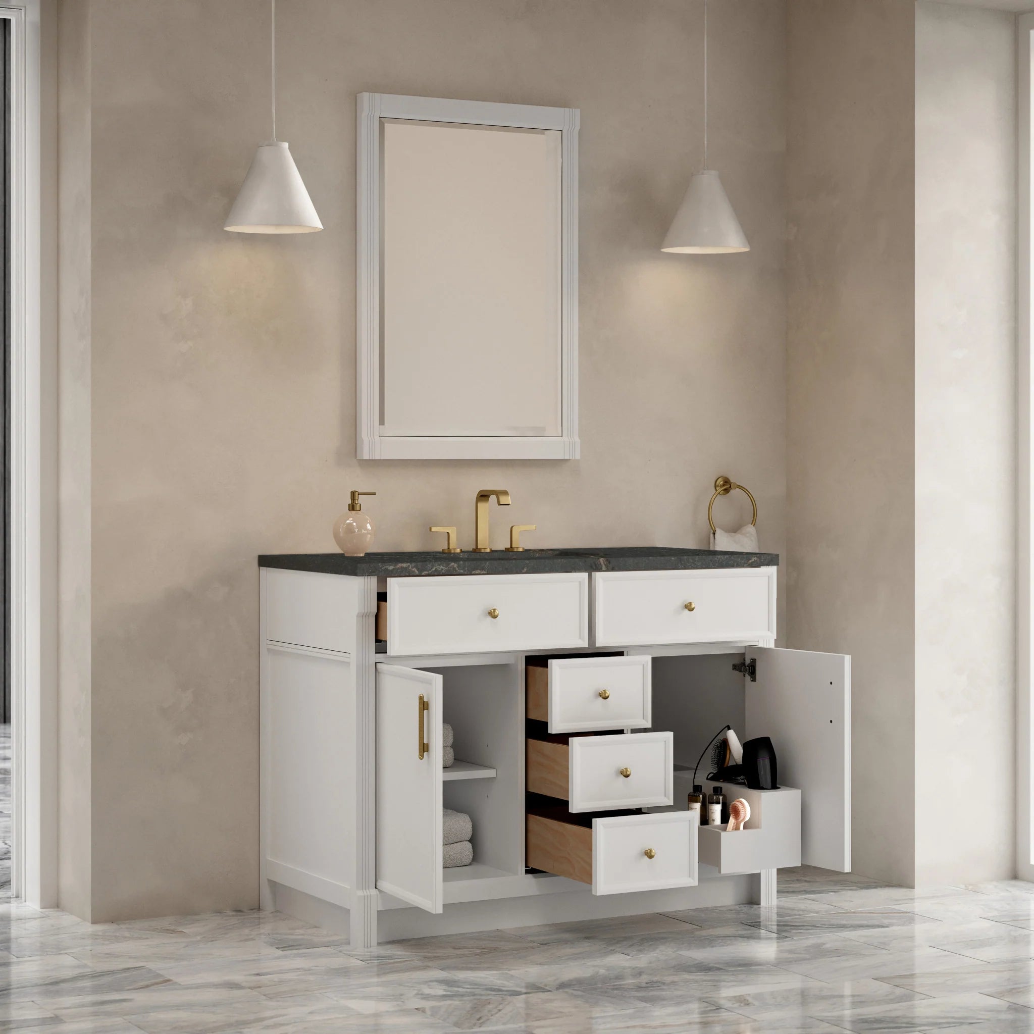 48" Bellshire Single Vanity in Bright White w/FreePower Wireless Charger by James Martin Vanities-Parisien Bleu Silestone 3