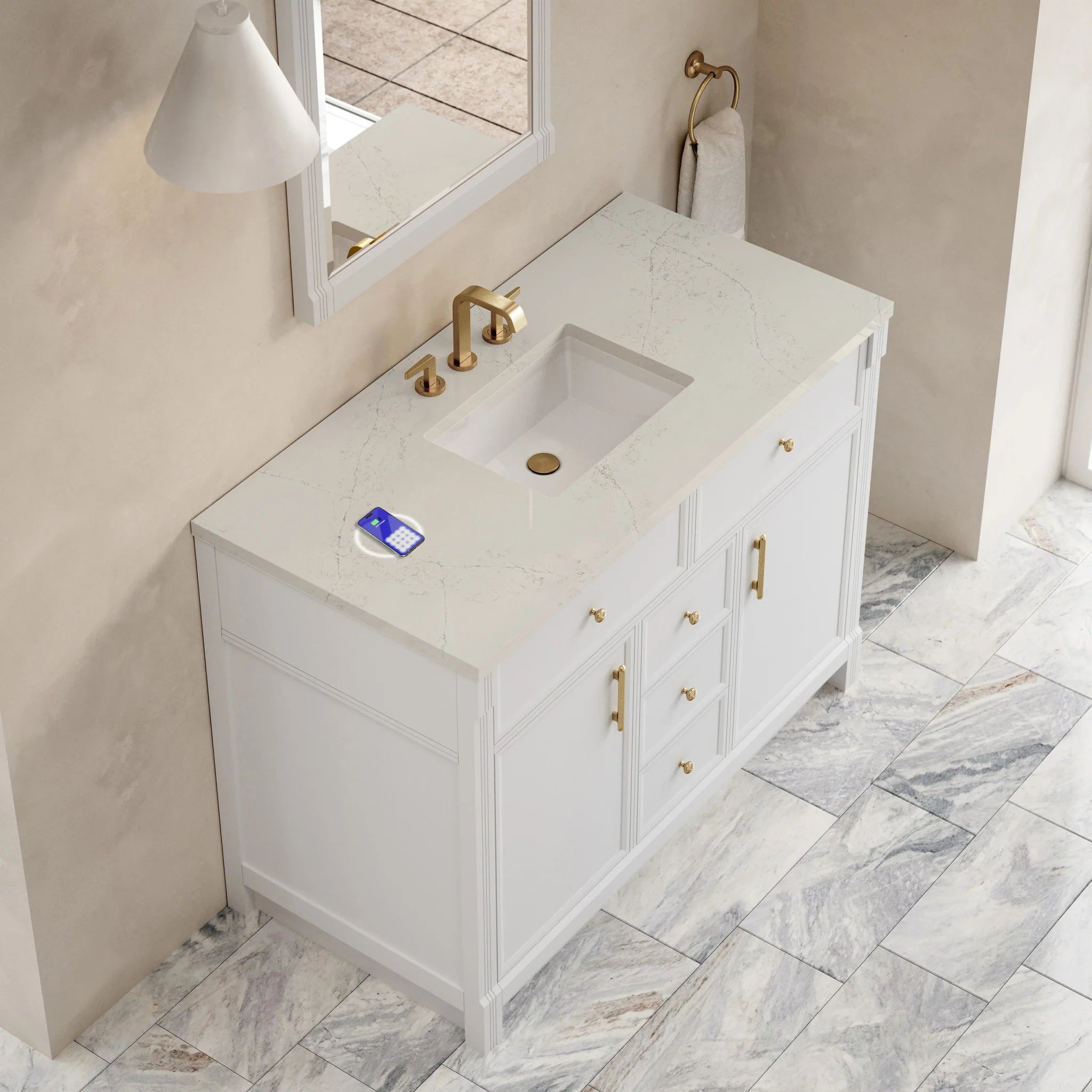 48" Bellshire Single Vanity in Bright White w/FreePower Wireless Charger by James Martin Vanities-Siberian Silestone 5