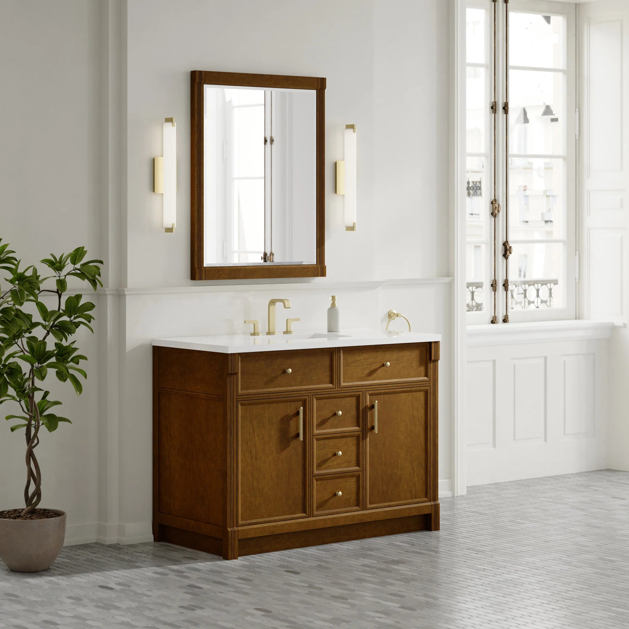 48" Bellshire Single Vanity in Honey Oak by James Martin Vanities-White Zeus Silestone 4