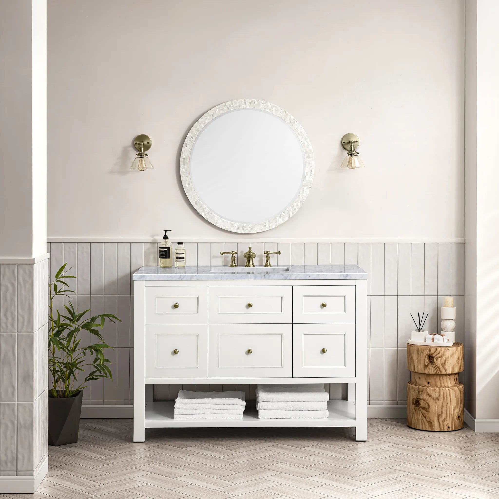 48" Breckenridge Single Vanity in Bright White-Carrara White Marble-8" Widespread image 1