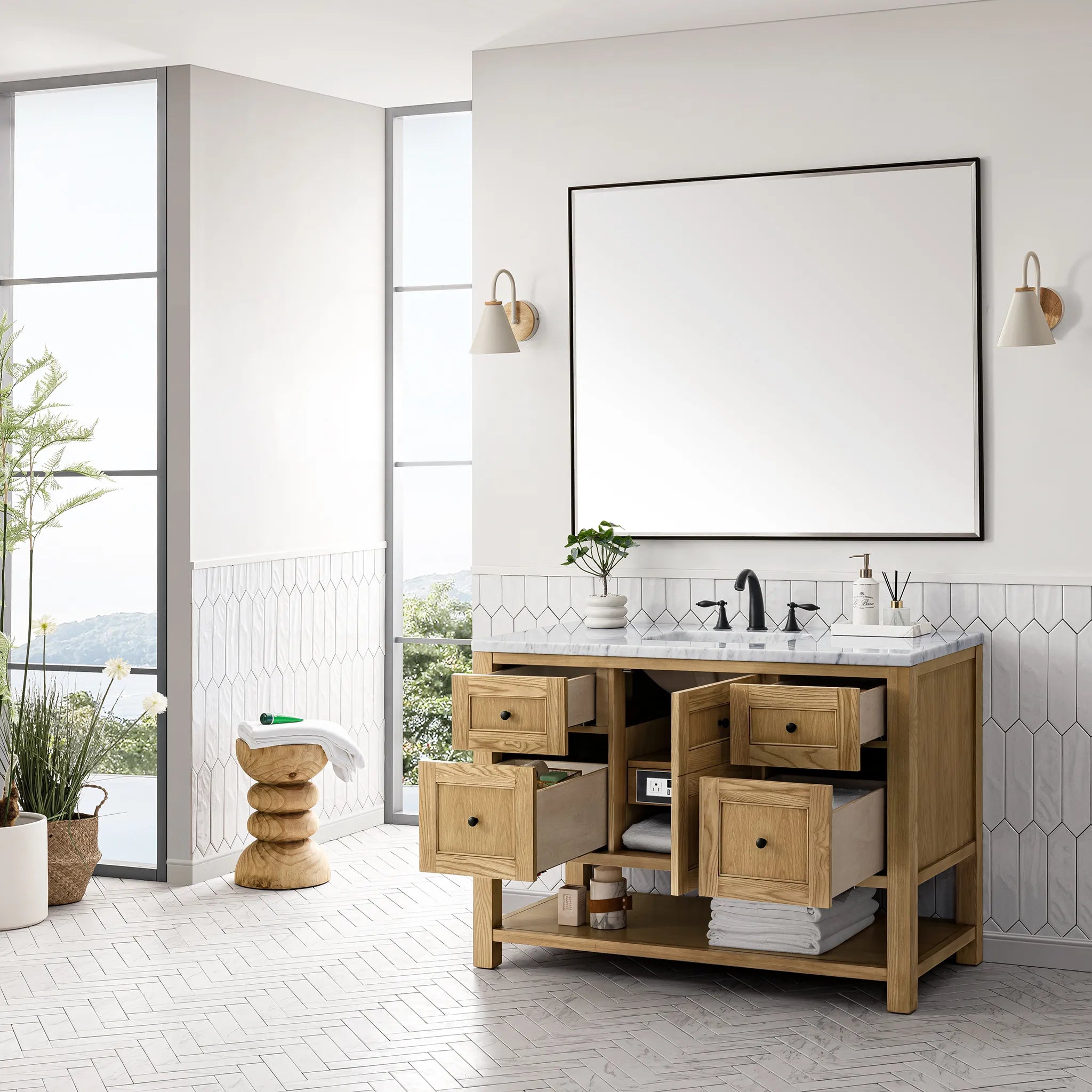 48" Breckenridge Single Vanity in Light Natural Oak-Carrara White Marble-8" Widespread image 3