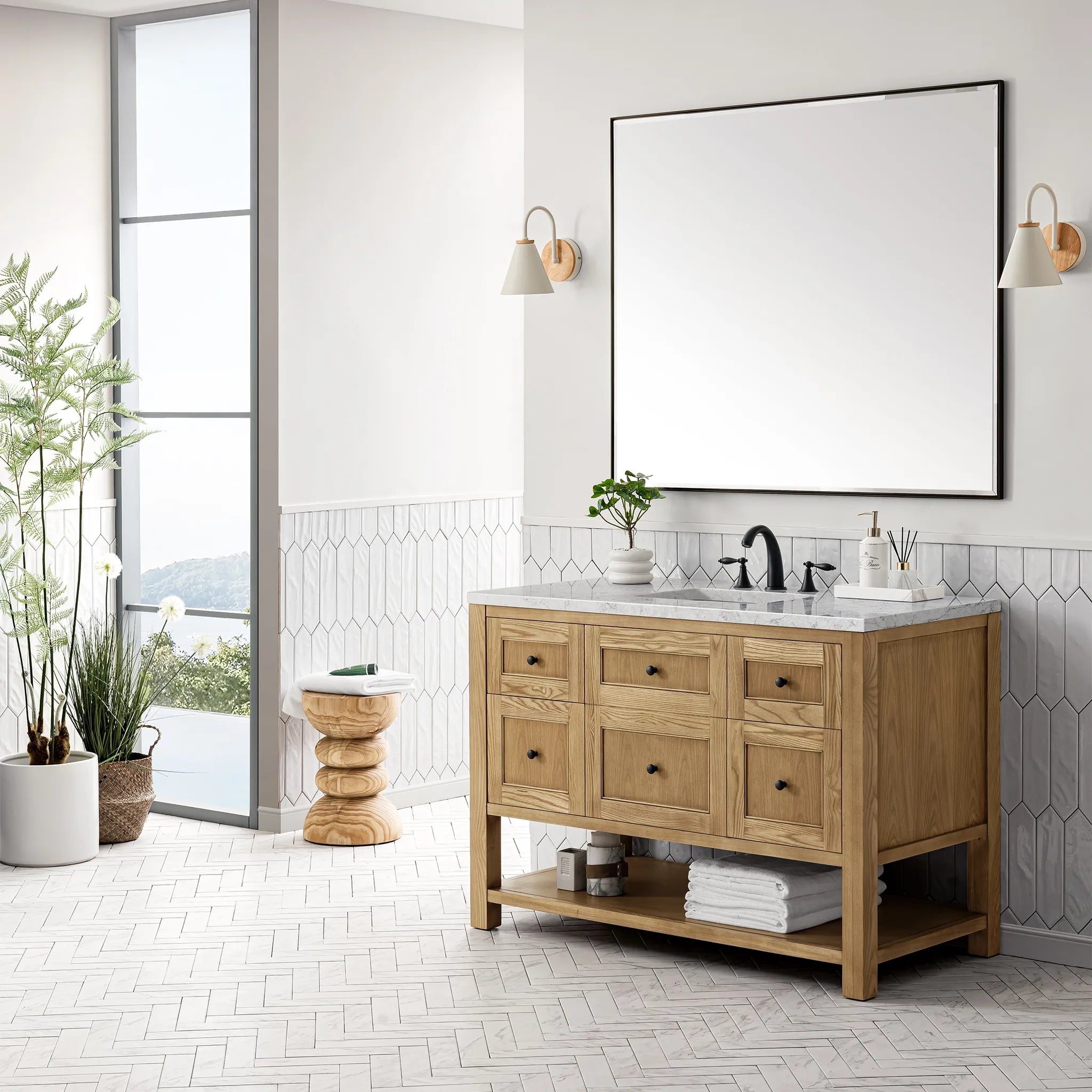 48" Breckenridge Single Vanity in Light Natural Oak-Eternal Jasmine Pearl Silestone-8" Widespread image 2