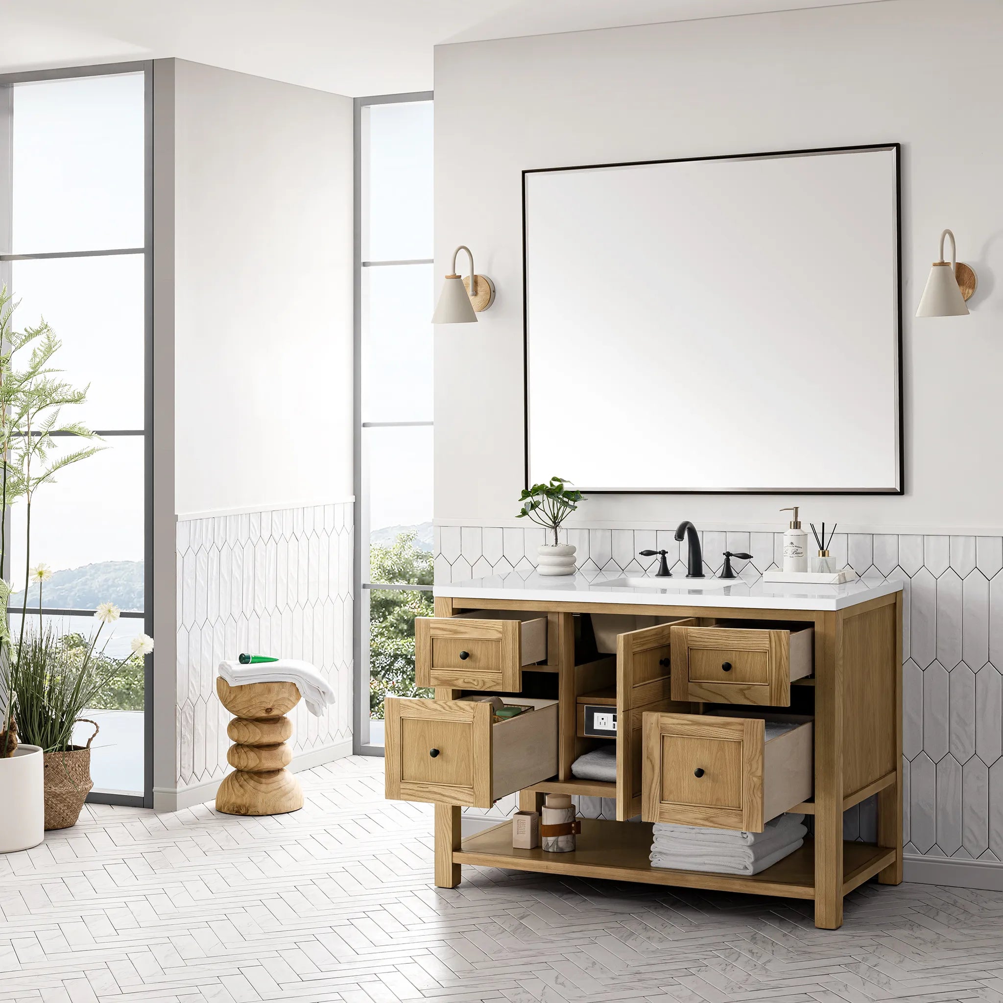48" Breckenridge Single Vanity in Light Natural Oak-White Zeus Silestone-8" Widespread image 3