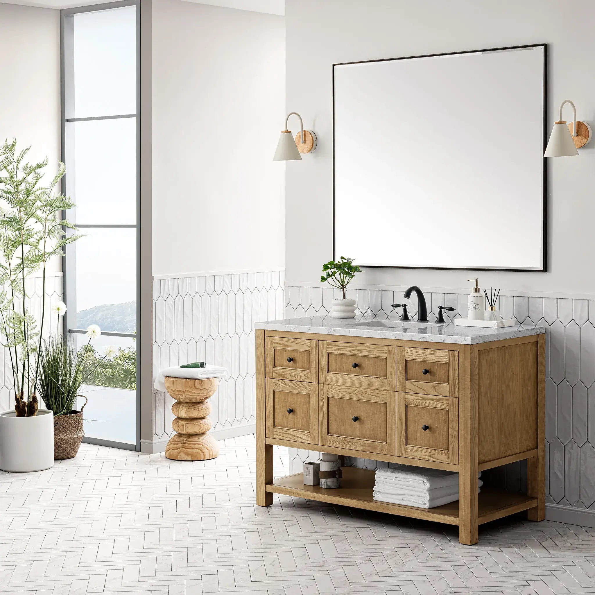 48" Breckenridge Single Vanity in Light Natural Oak Wireless Charger-Eternal Jasmine Pearl Silestone-8" Widespread image 5