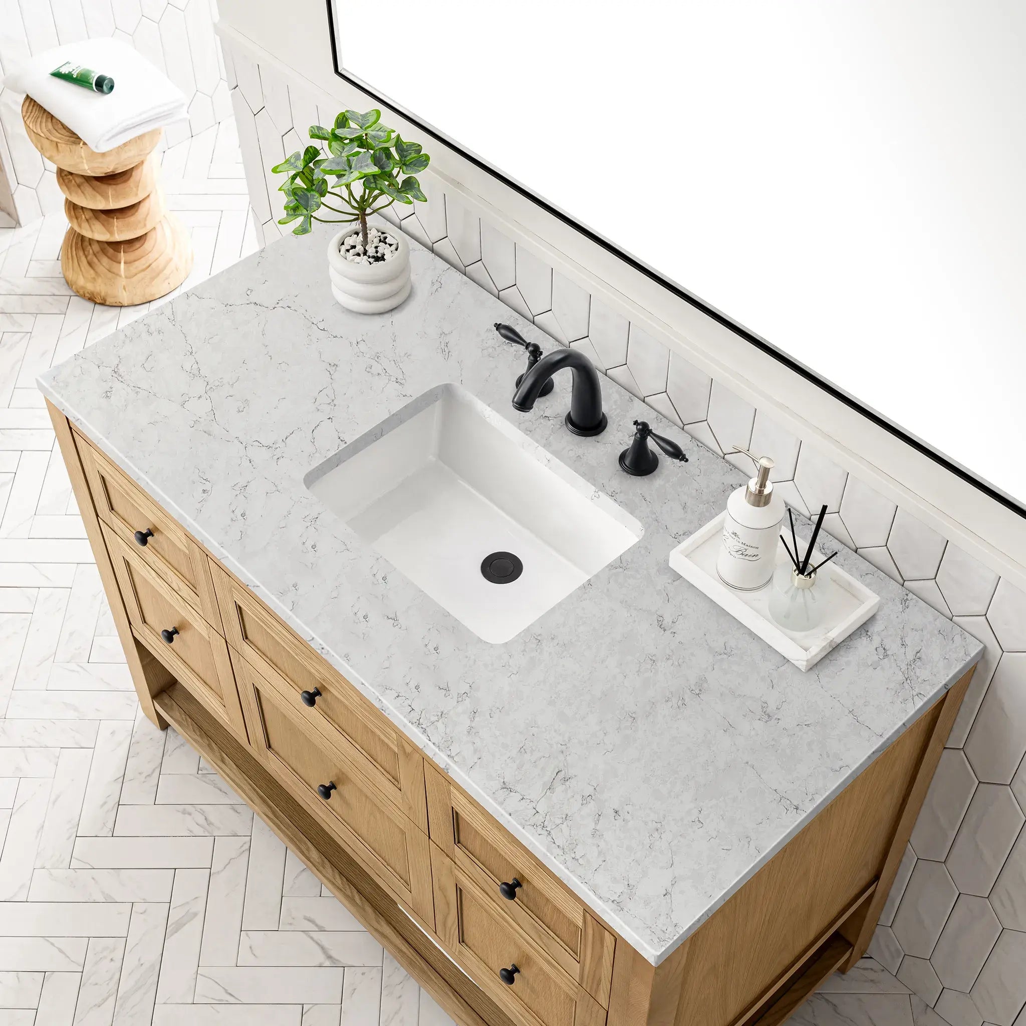 48" Breckenridge Single Vanity in Light Natural Oak Wireless Charger-Eternal Jasmine Pearl Silestone-8" Widespread image 7