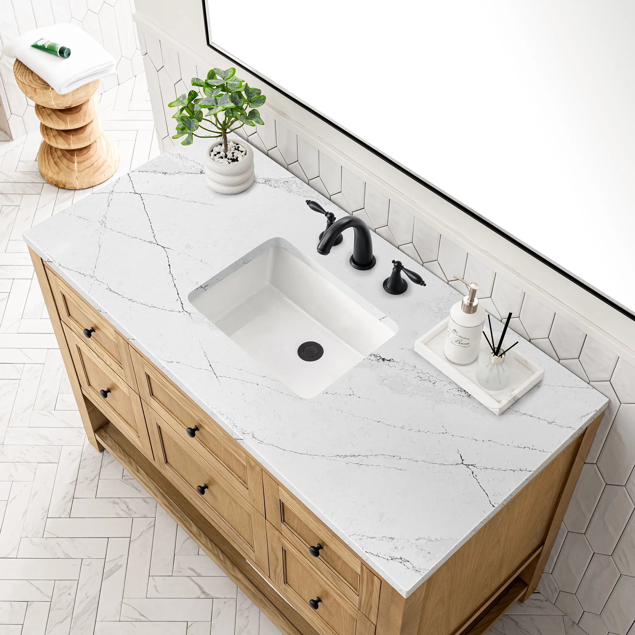 48" Breckenridge Single Vanity in Light Natural Oak Wireless Charger-Ethereal Noctis Silestone-8" Widespread image 7