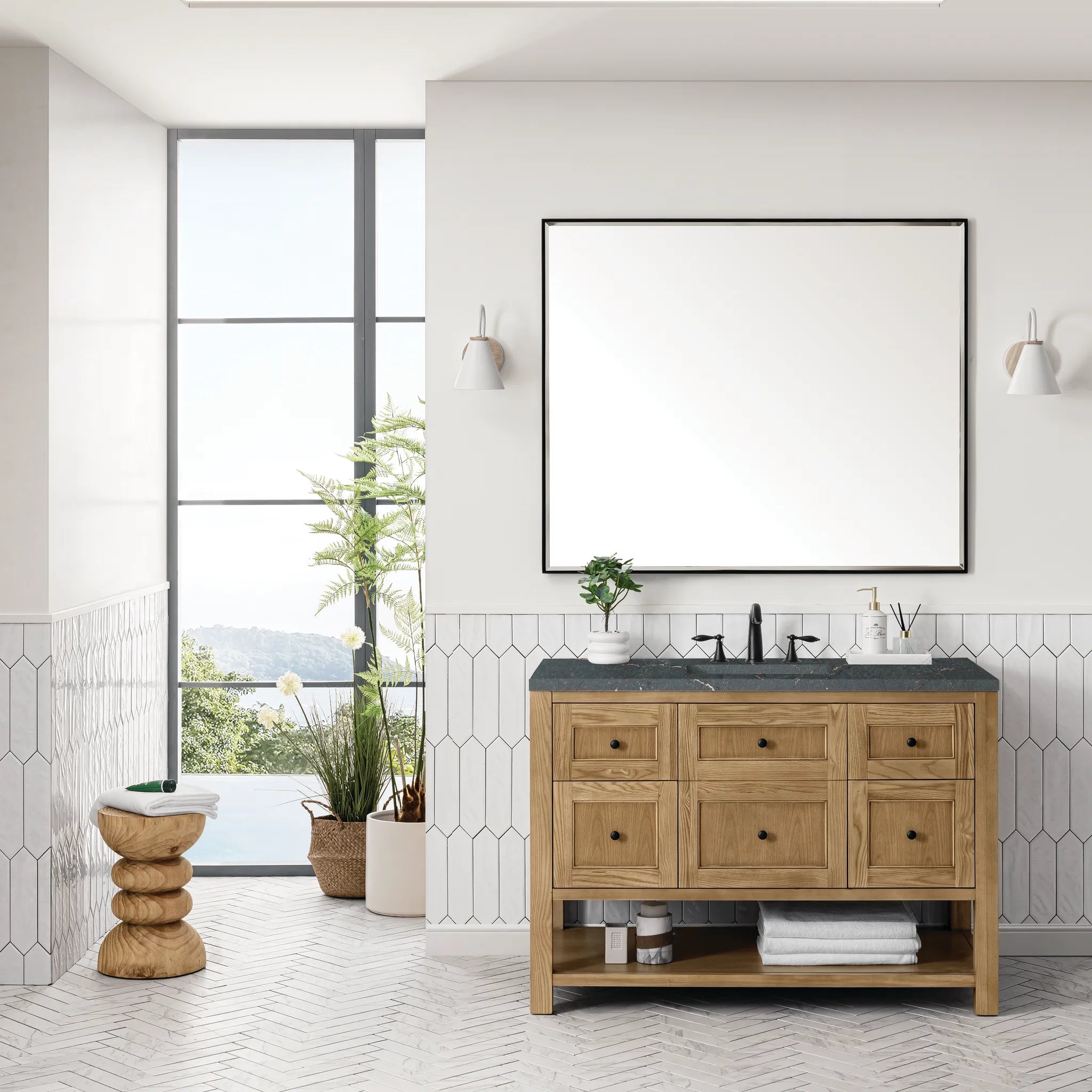 48" Breckenridge Single Vanity in Light Natural Oak Wireless Charger-Parisien Bleu Silestone-8" Widespread image 4