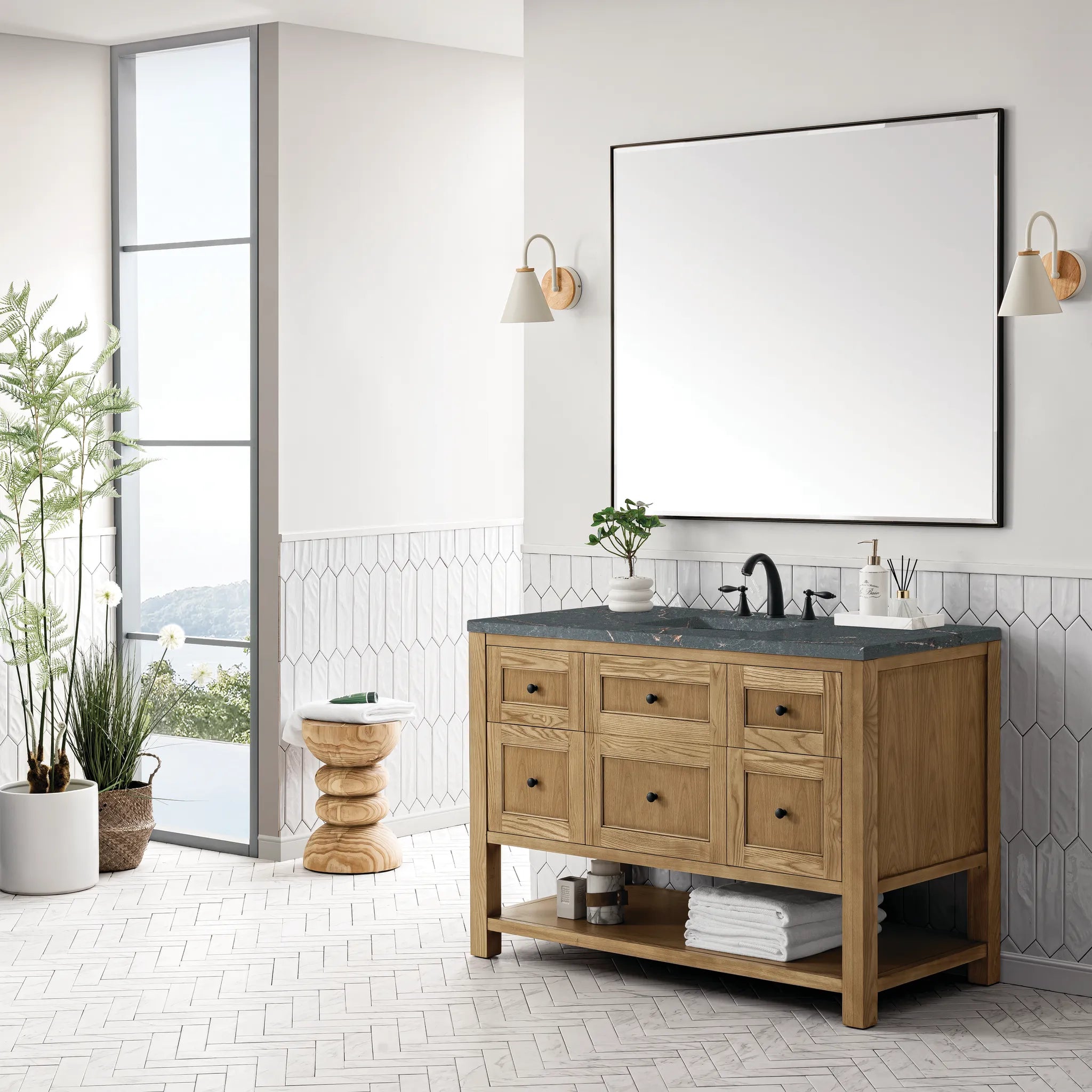 48" Breckenridge Single Vanity in Light Natural Oak Wireless Charger-Parisien Bleu Silestone-8" Widespread image 5