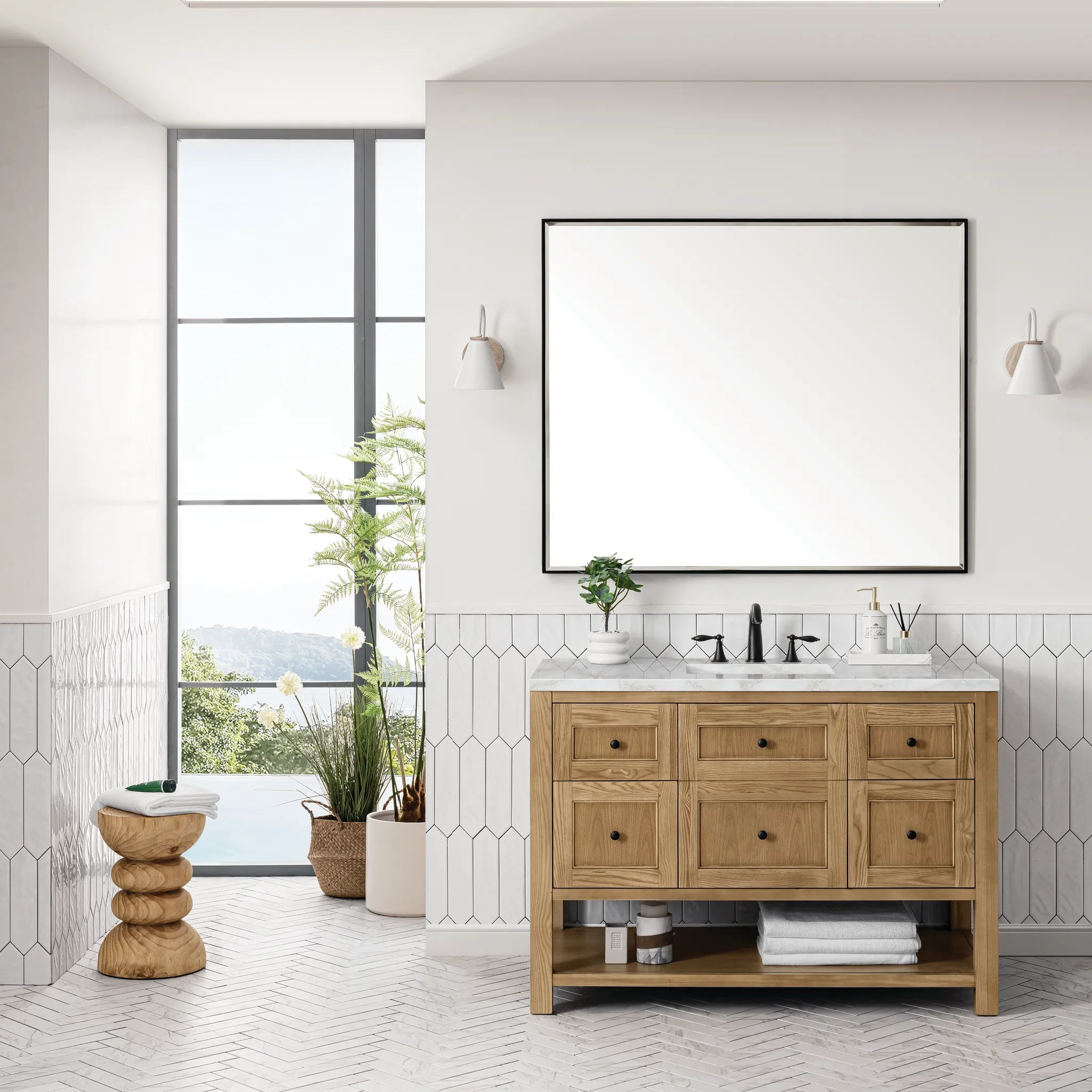 48" Breckenridge Single Vanity in Light Natural Oak Wireless Charger-Victorian Silver Silestone-8" Widespread image 4
