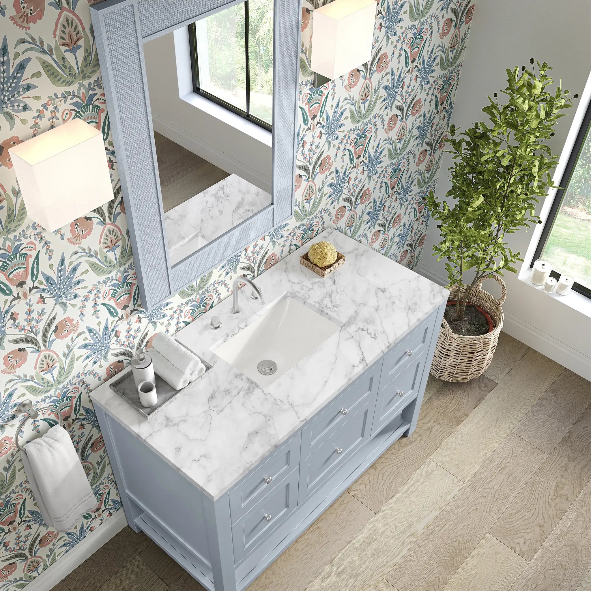 48 Breckenridge Single Vanity In Serenity Blue Standard Carrara White Marble 8 Widespread 7