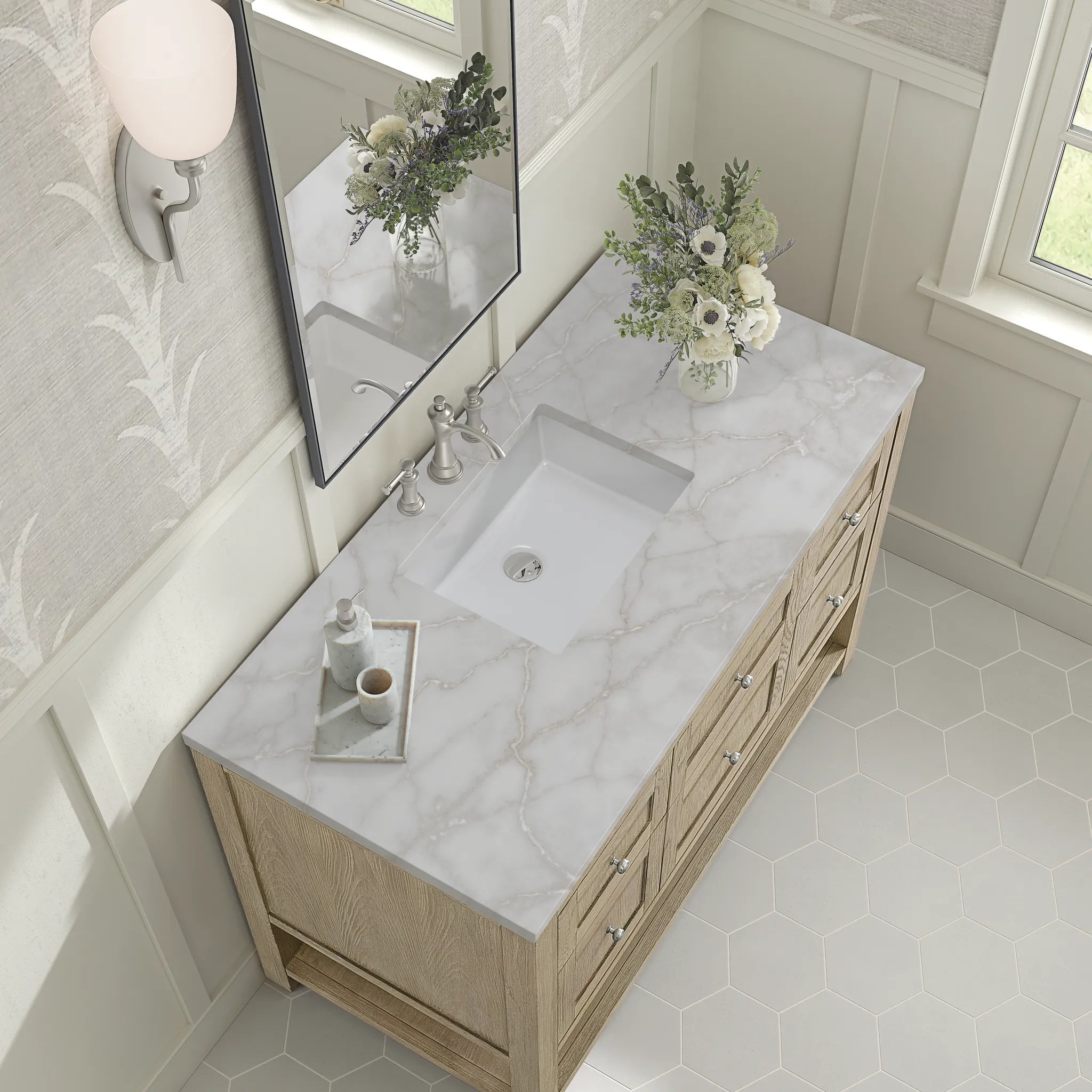 48" Breckenridge Single Vanity in Whitewashed Oak-Victorian Silver Silestone-8" Widespread image 6