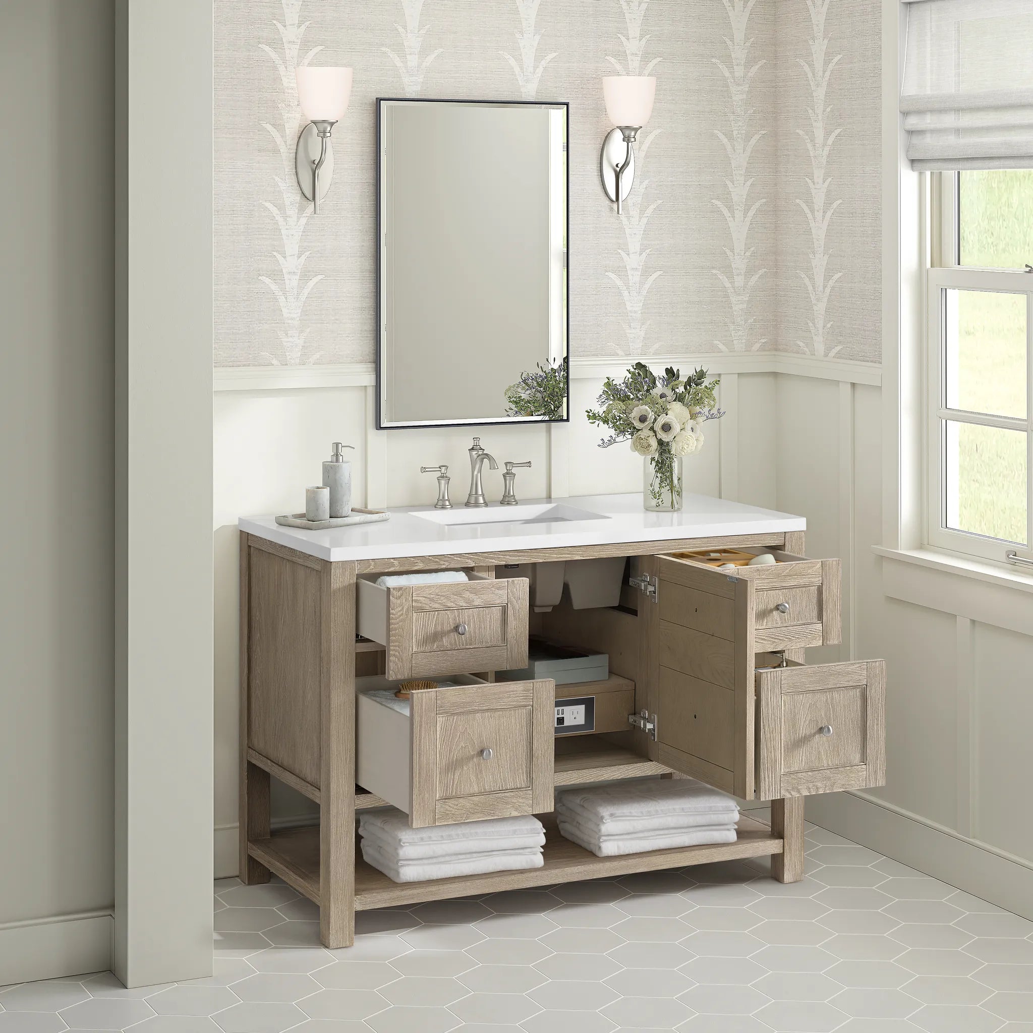 48" Breckenridge Single Vanity in Whitewashed Oak-White Zeus Silestone-8" Widespread image 4