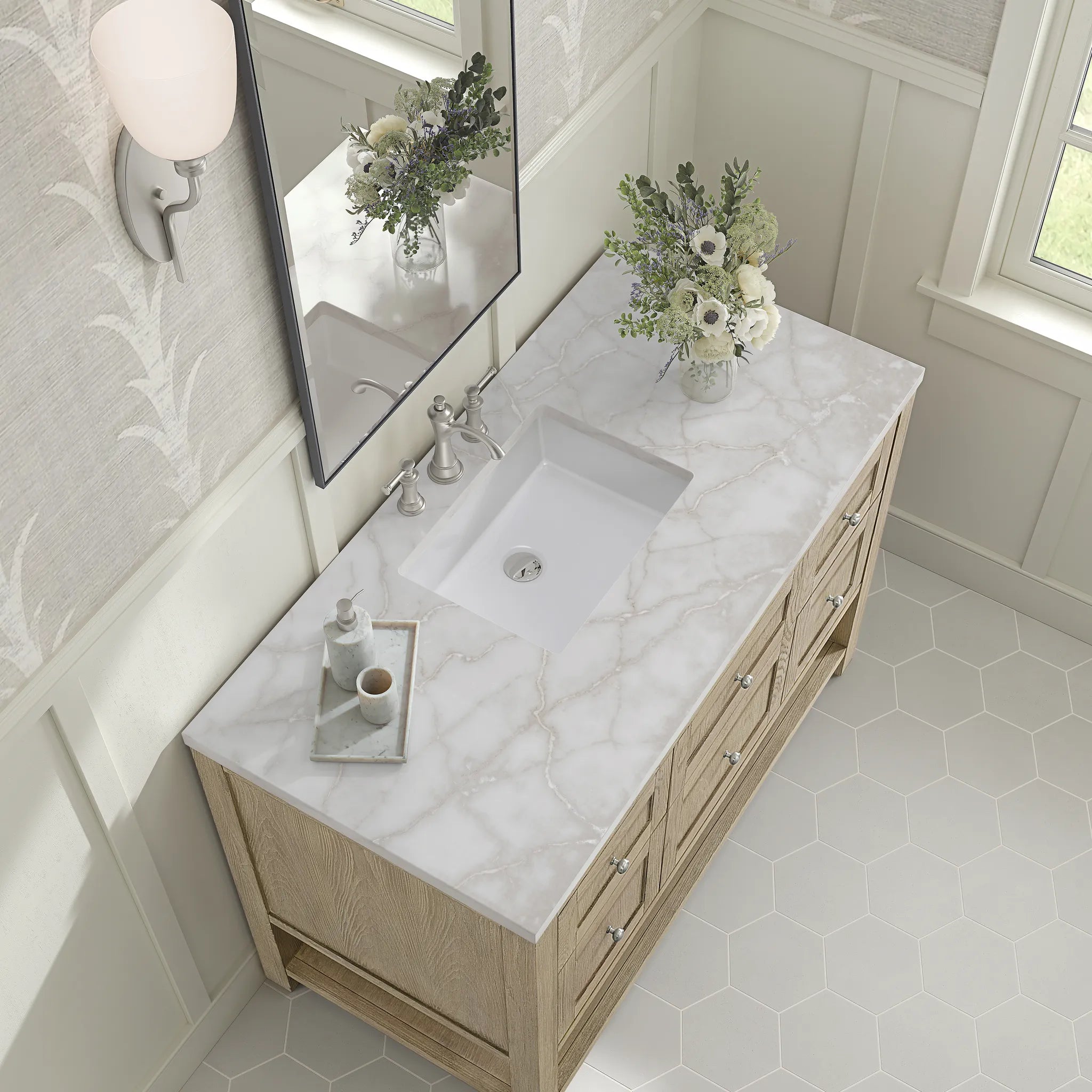 48" Breckenridge Single Vanity in Whitewashed Oak-White Zeus Silestone-8" Widespread image 6