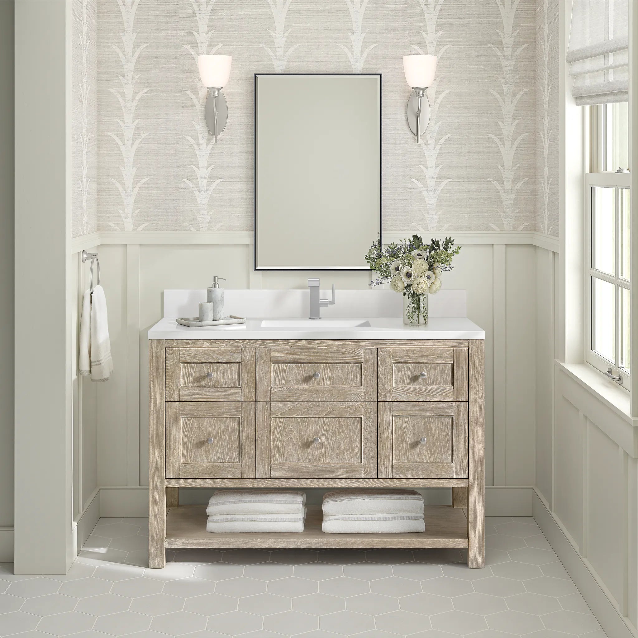 48" Breckenridge Single Vanity in Whitewashed Oak-White Zeus Silestone & Backsplash-Single Hole image 1
