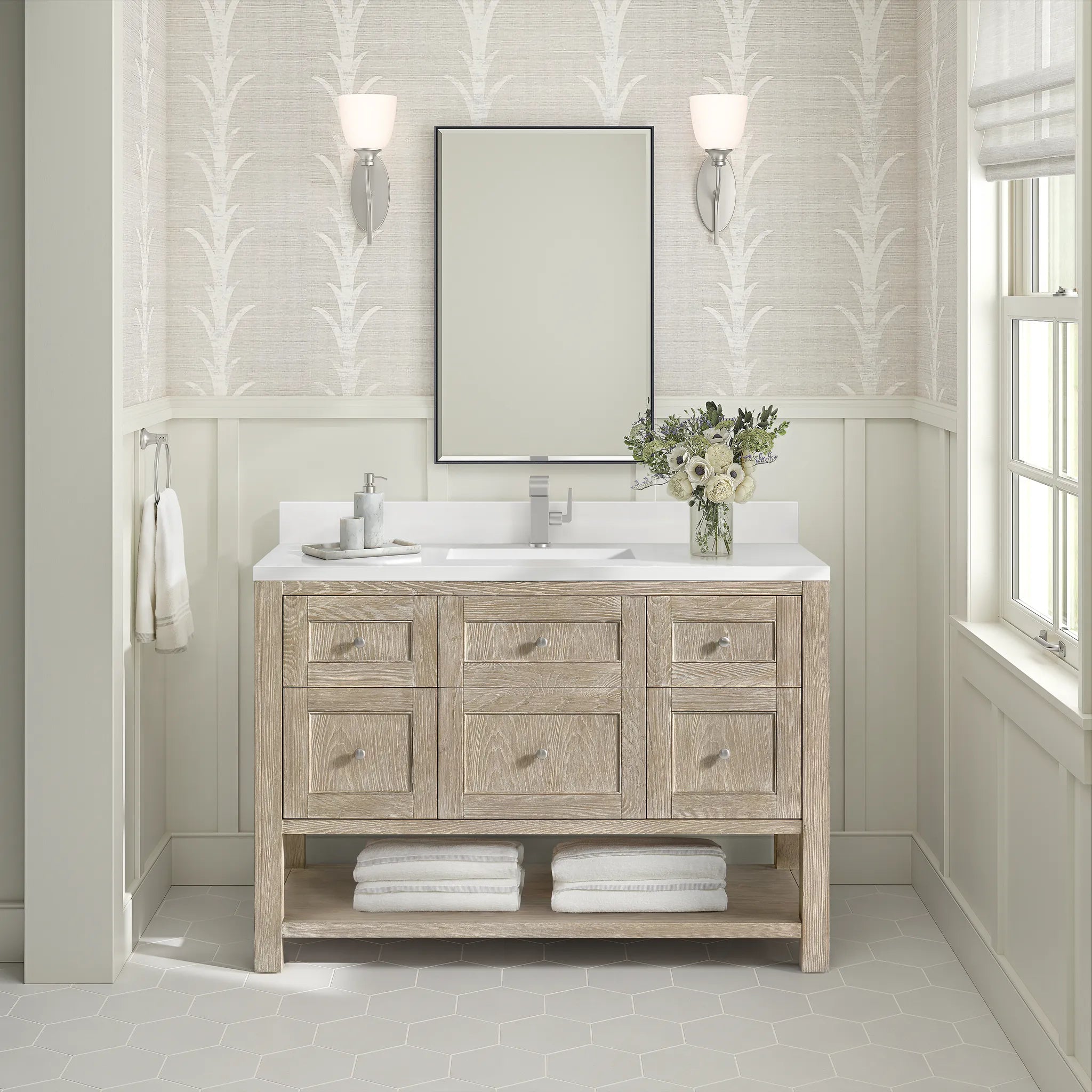 48" Breckenridge Single Vanity in Whitewashed Oak-White Zeus Silestone & Backsplash-Single Hole image 2