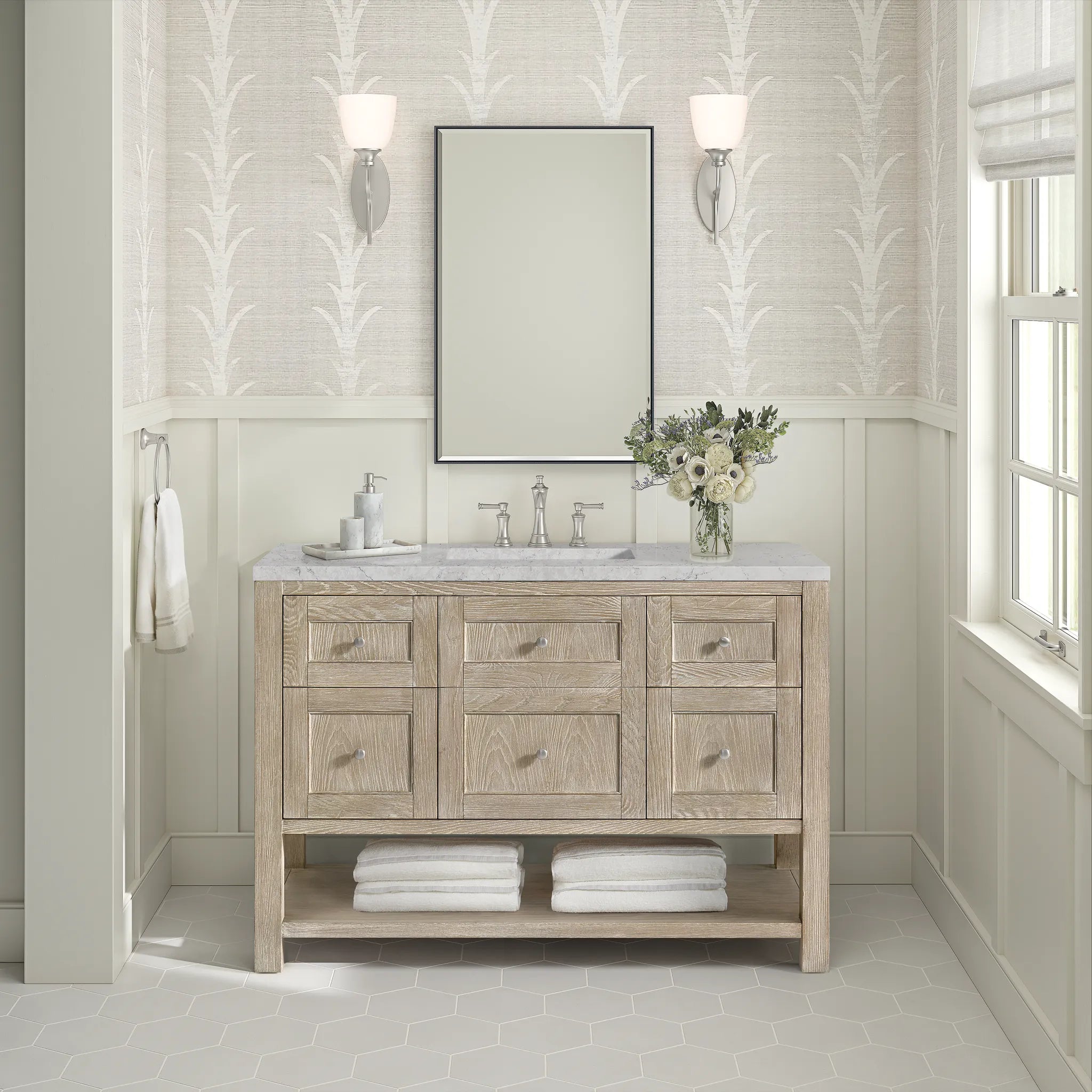 48" Breckenridge Single Vanity in Whitewashed Oak Wireless Charger-Eternal Jasmine Pearl Silestone-8" Widespread image 5