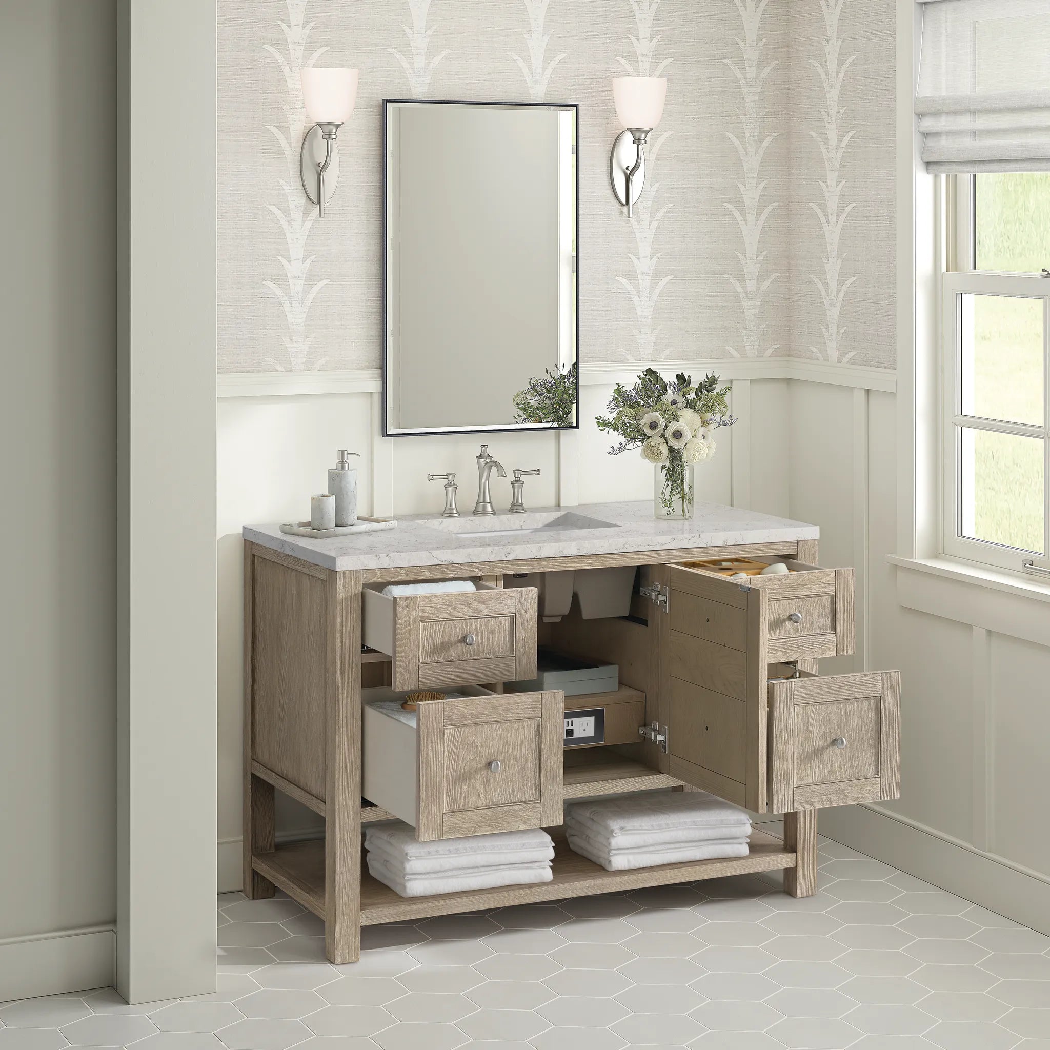 48" Breckenridge Single Vanity in Whitewashed Oak Wireless Charger-Eternal Jasmine Pearl Silestone-8" Widespread image 7