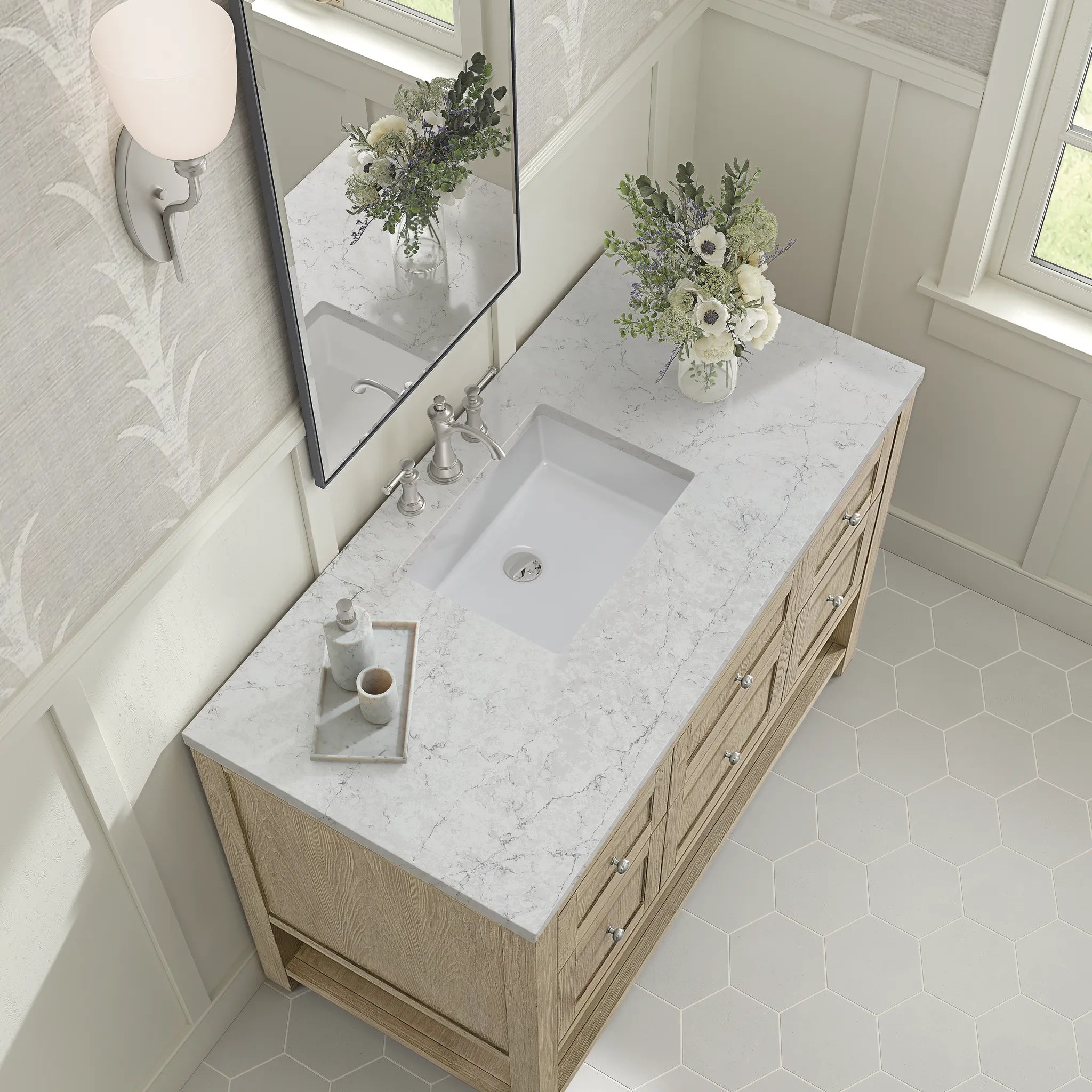 48" Breckenridge Single Vanity in Whitewashed Oak Wireless Charger-Eternal Jasmine Pearl Silestone-8" Widespread image 9