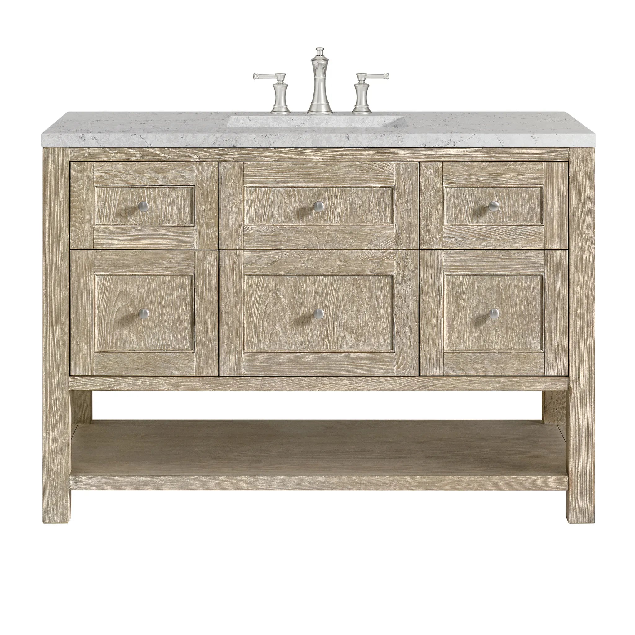 48" Breckenridge Single Vanity in Whitewashed Oak Wireless Charger-Eternal Jasmine Pearl Silestone-8" Widespread image