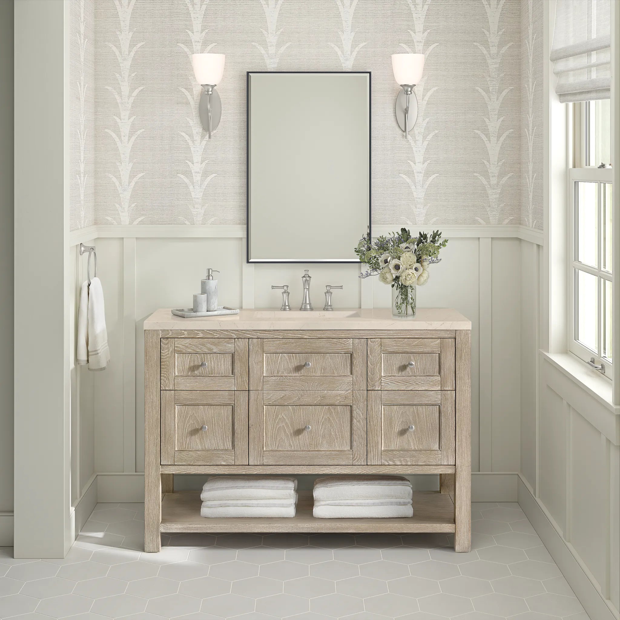 48" Breckenridge Single Vanity in Whitewashed Oak Wireless Charger-Ethereal Noctis Silestone-8" Widespread image 5