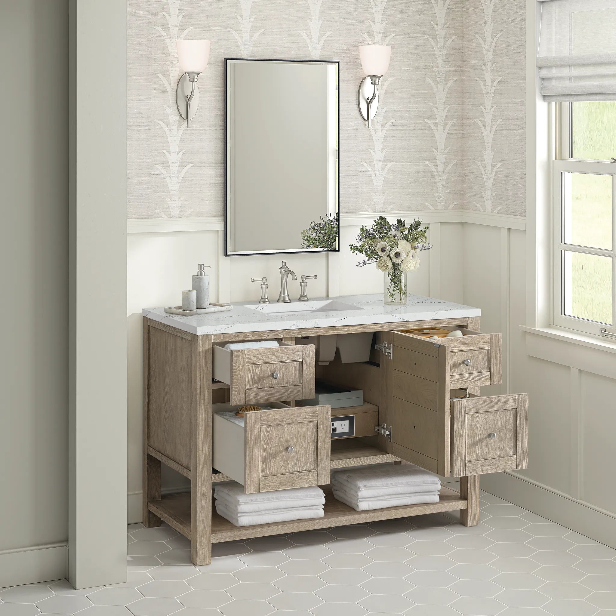 48" Breckenridge Single Vanity in Whitewashed Oak Wireless Charger-Ethereal Noctis Silestone-8" Widespread image 7