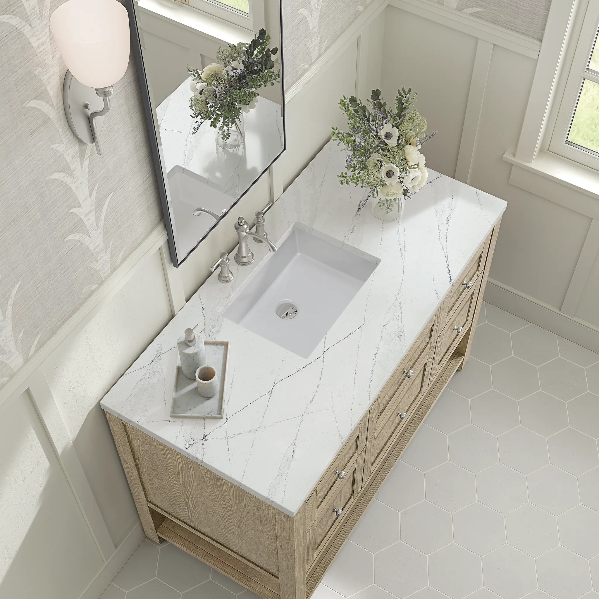 48" Breckenridge Single Vanity in Whitewashed Oak Wireless Charger-Ethereal Noctis Silestone-8" Widespread image 9