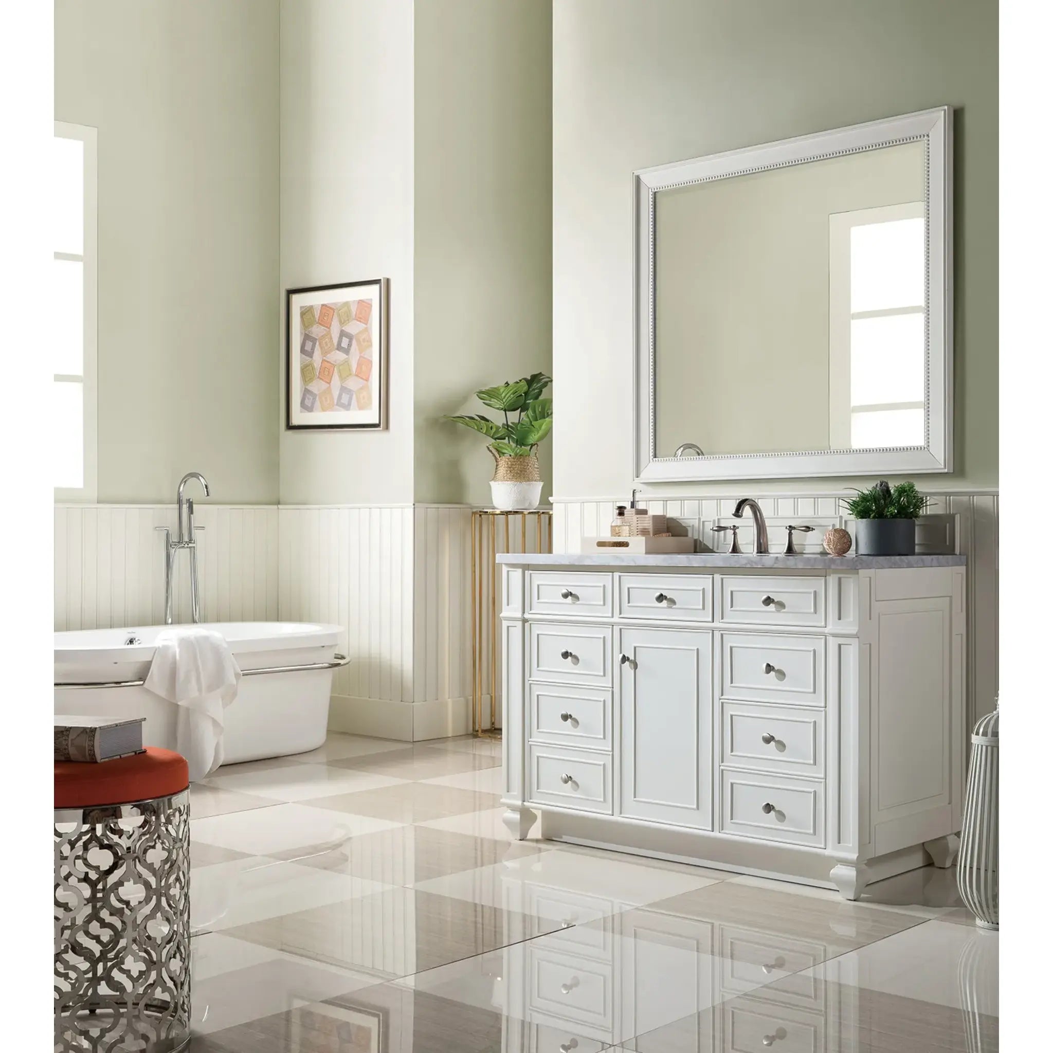 48" Bristol Single Vanity in Bright White-Carrara White Marble-8" Widespread image 3