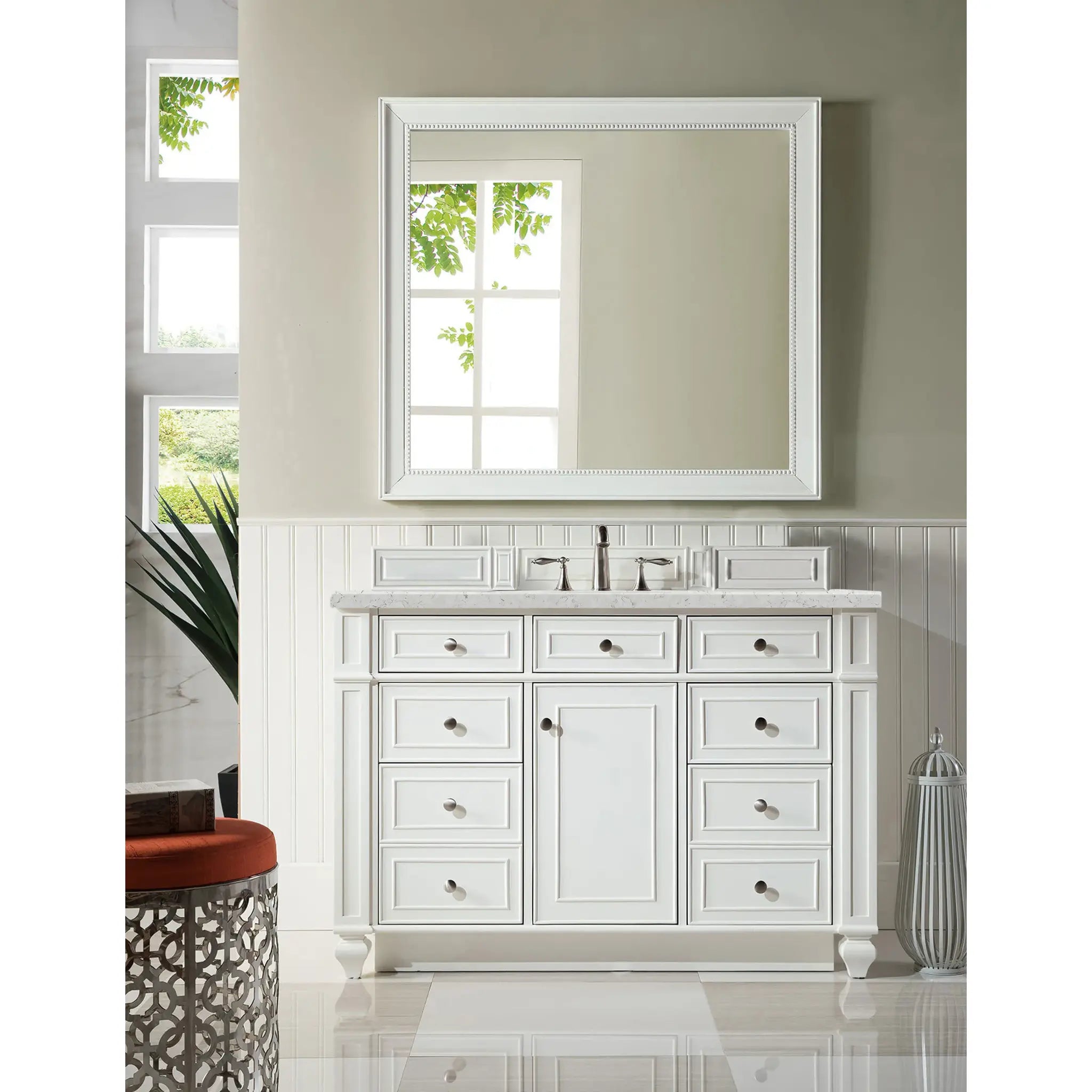 48" Bristol Single Vanity in Bright White-Eternal Jasmine Pearl Silestone-8" Widespread image 1