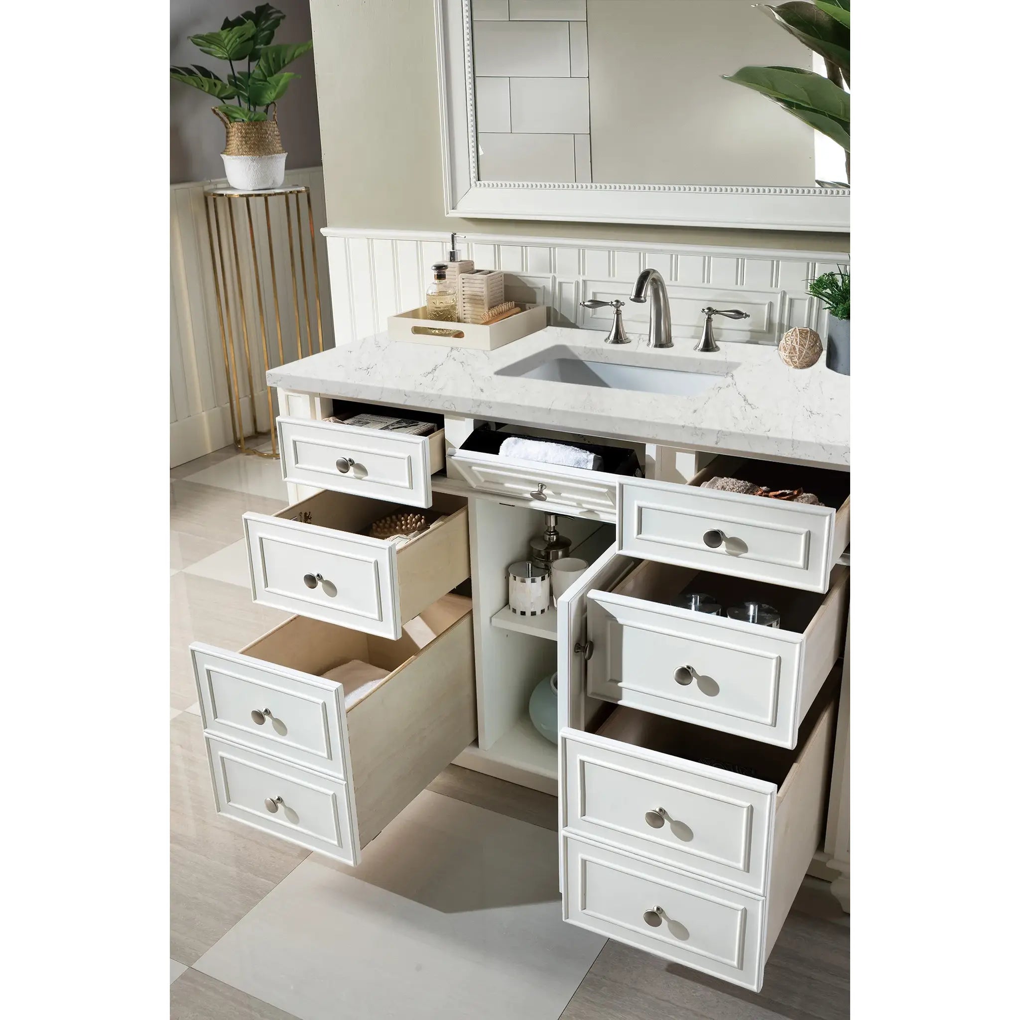 48" Bristol Single Vanity in Bright White-Eternal Jasmine Pearl Silestone-8" Widespread image 3