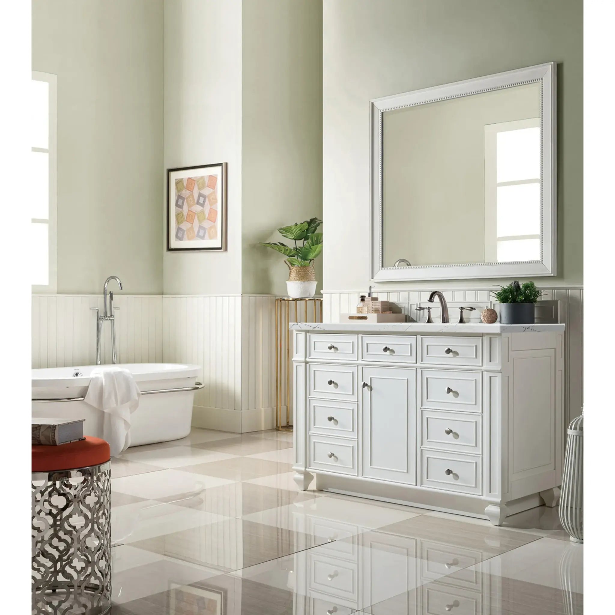 48" Bristol Single Vanity in Bright White-Ethereal Noctis Silestone-8" Widespread image 2