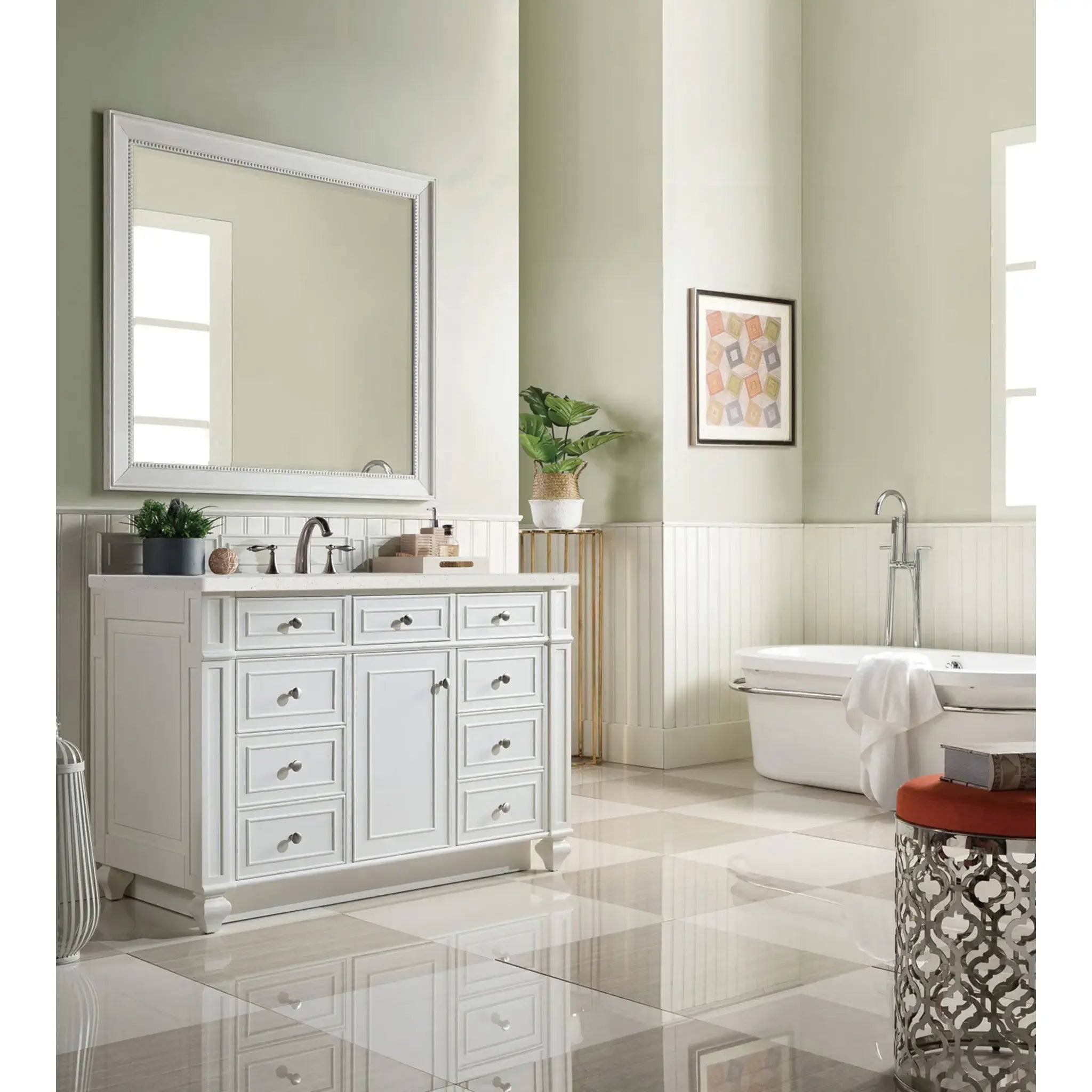 48" Bristol Single Vanity in Bright White-Lime Delight Silestone-8" Widespread image 2