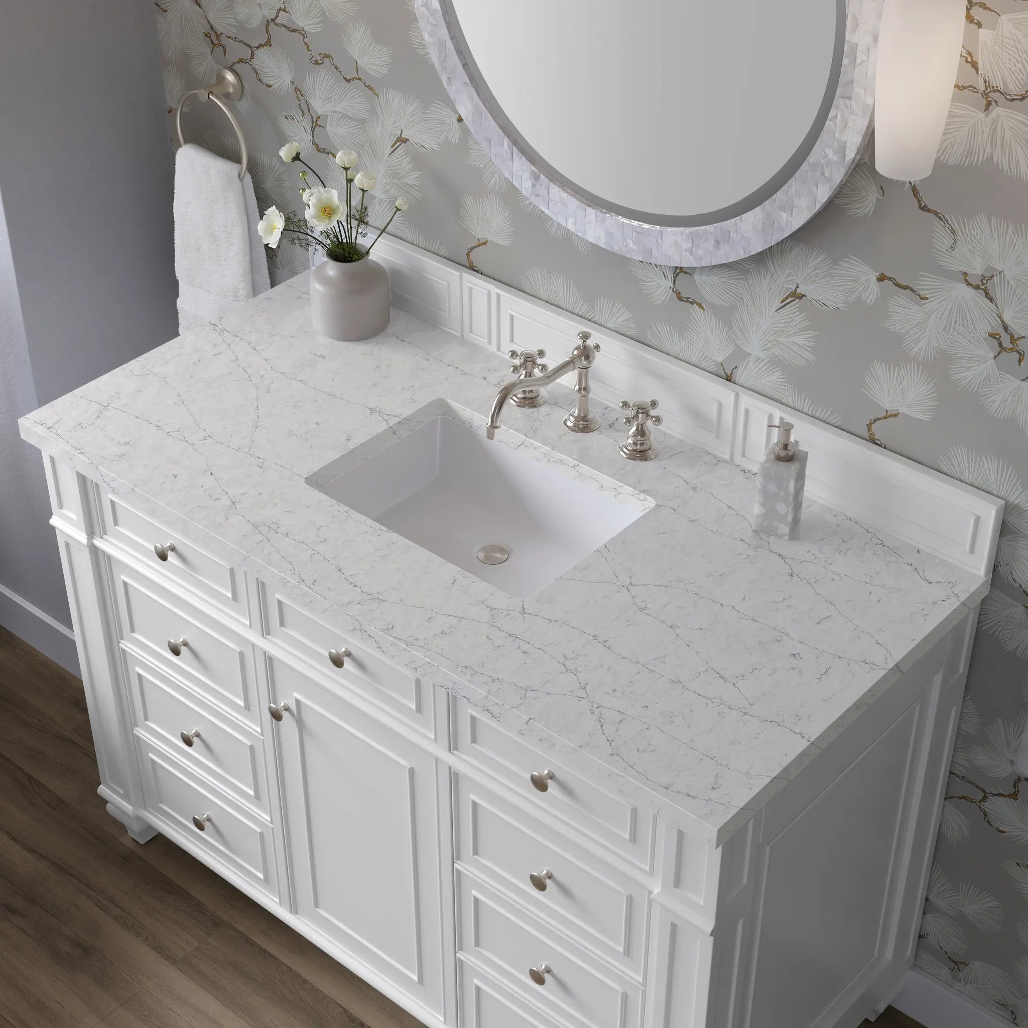 48 Bristol Single Vanity In Bright White Standard Eternal Jasmine Pearl Silestone 8 Widespread 5