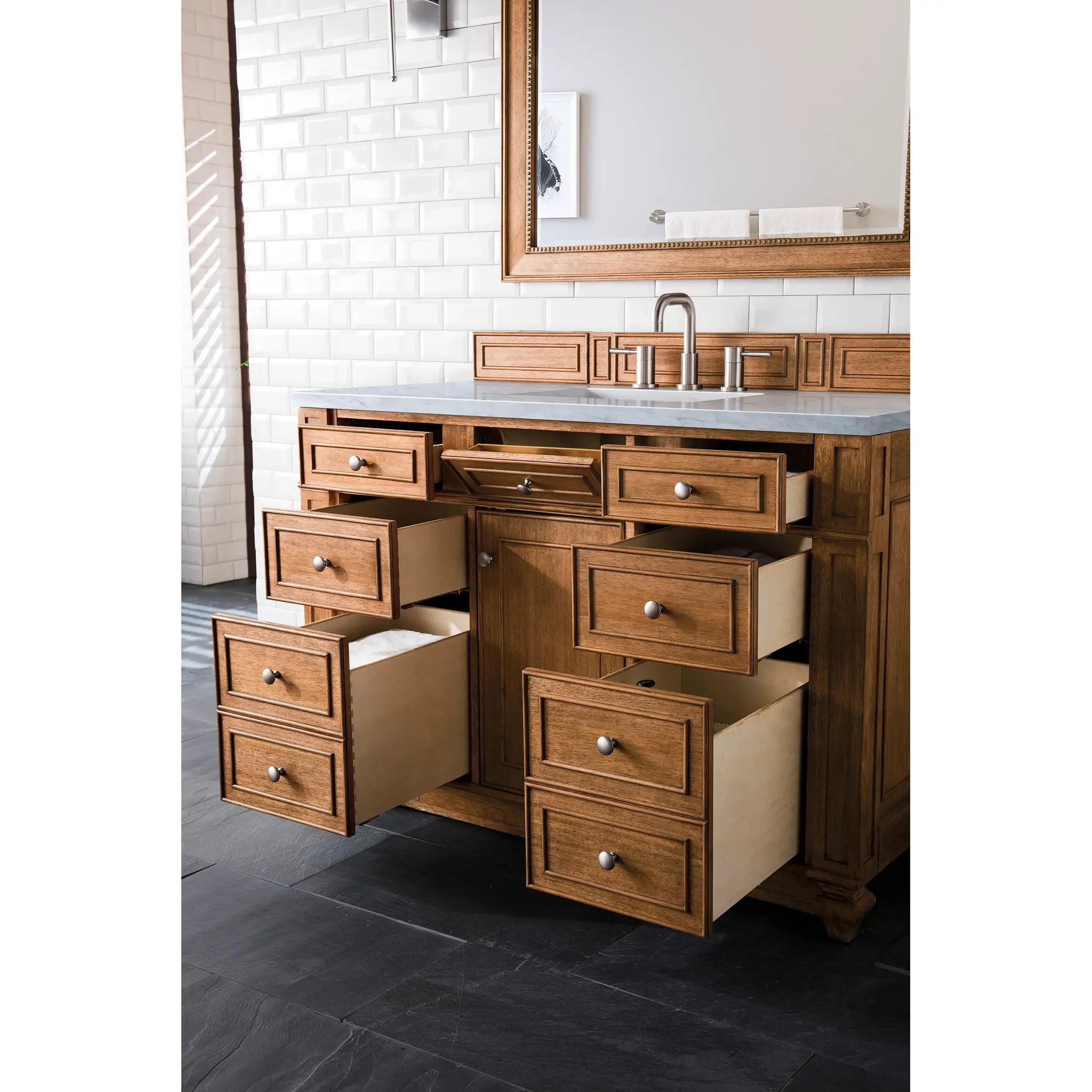 48" Bristol Single Vanity in Saddle Brown-Carrara White Marble-8" Widespread image 3