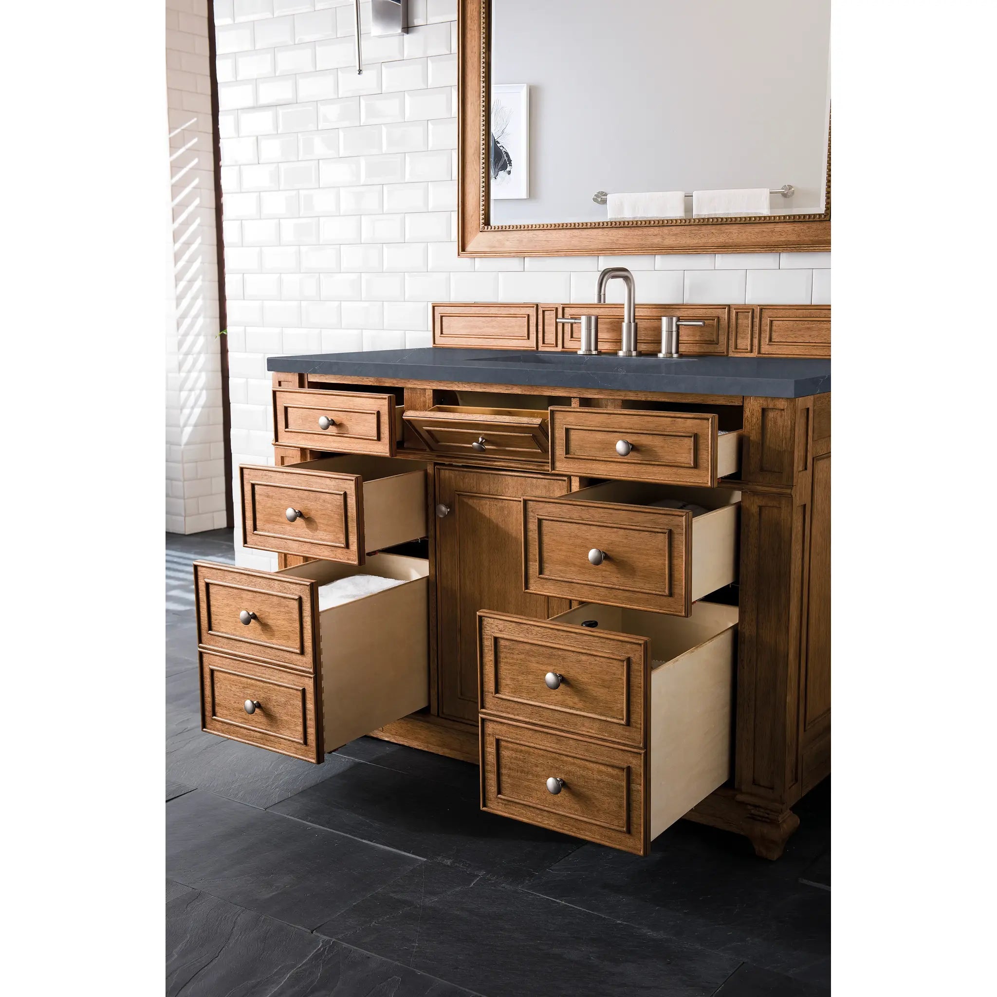 48" Bristol Single Vanity in Saddle Brown-Charcoal Soapstone Silestone-8" Widespread image 3