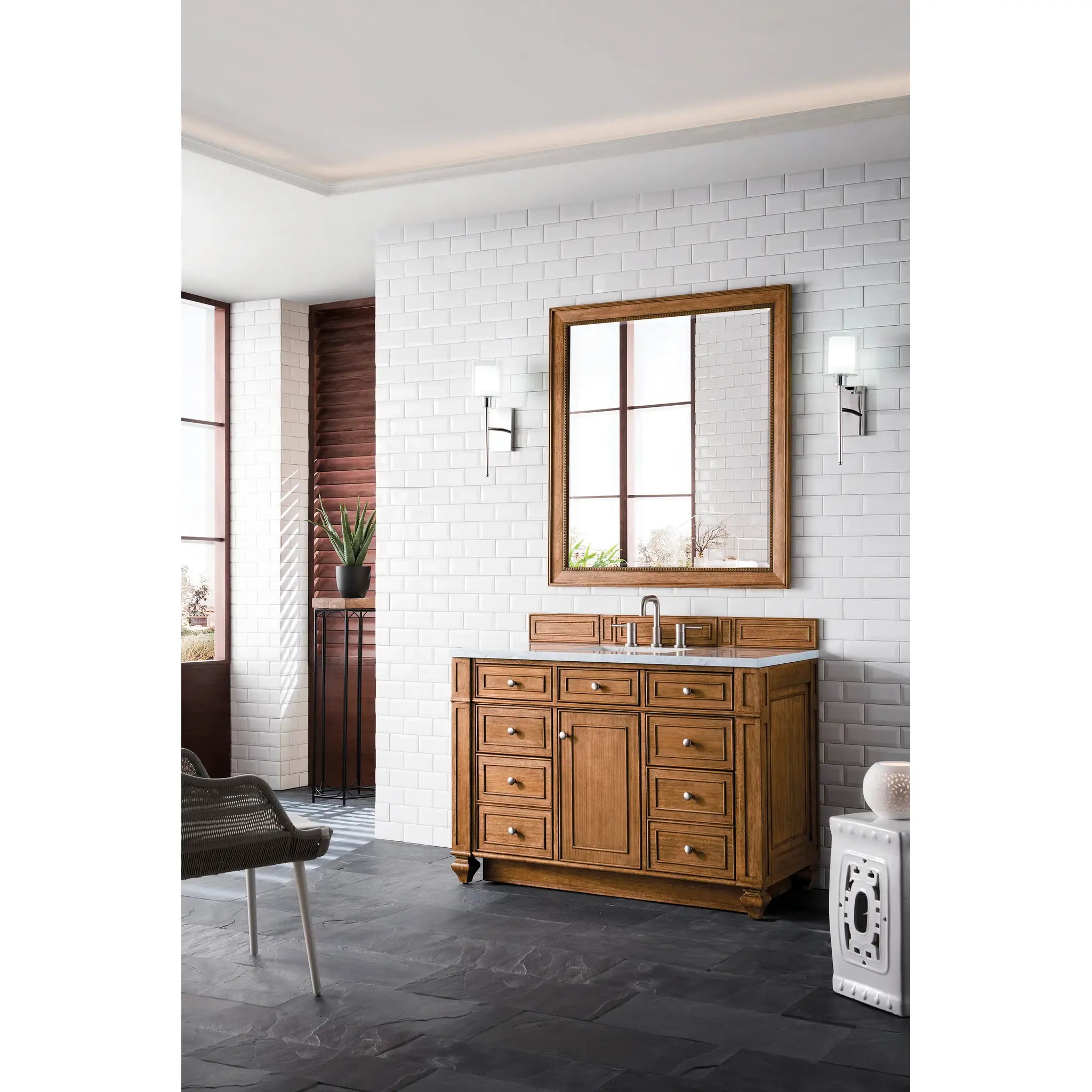 48" Bristol Single Vanity in Saddle Brown-Eternal Jasmine Pearl Silestone-8" Widespread image 2