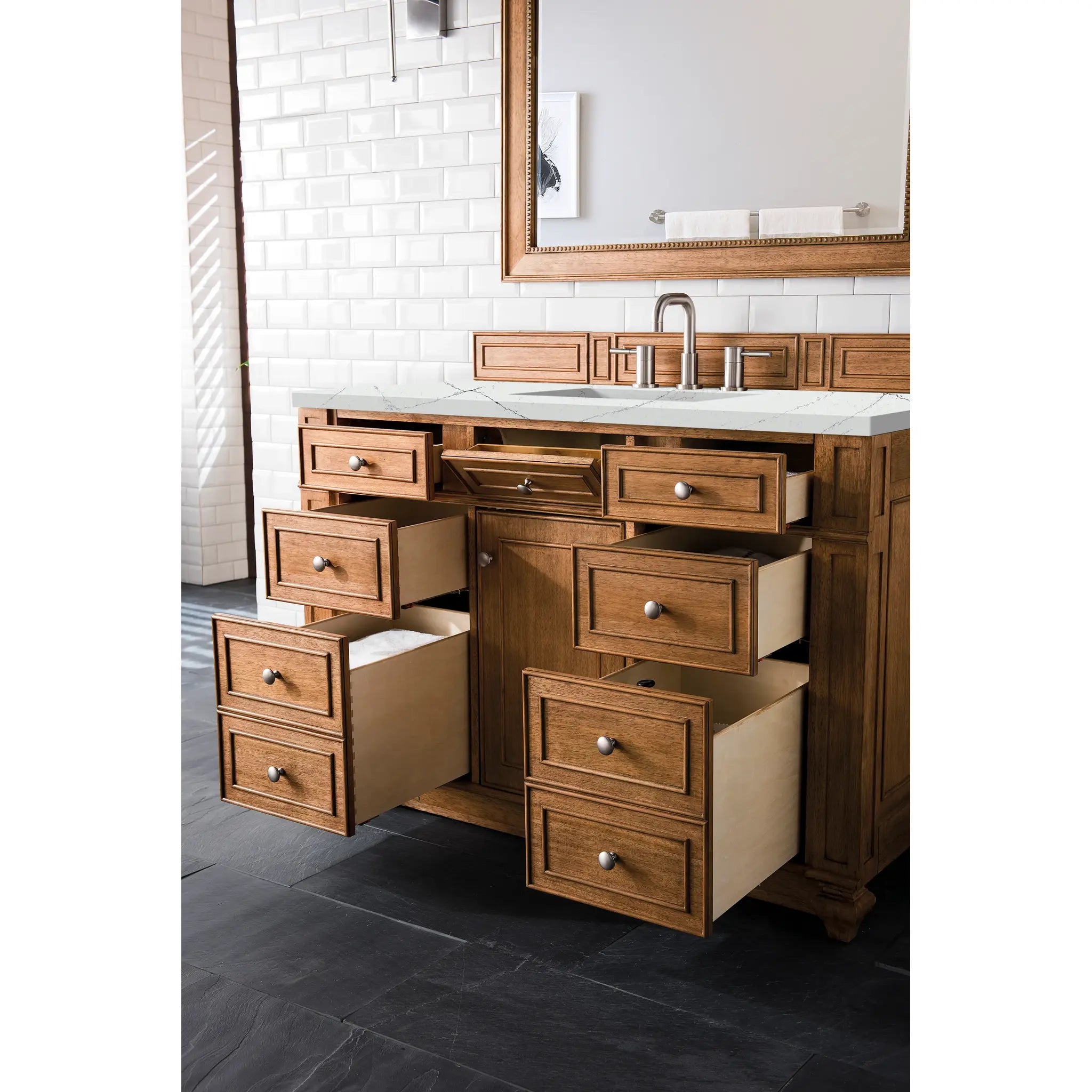 48" Bristol Single Vanity in Saddle Brown-Ethereal Noctis Silestone-8" Widespread image 3