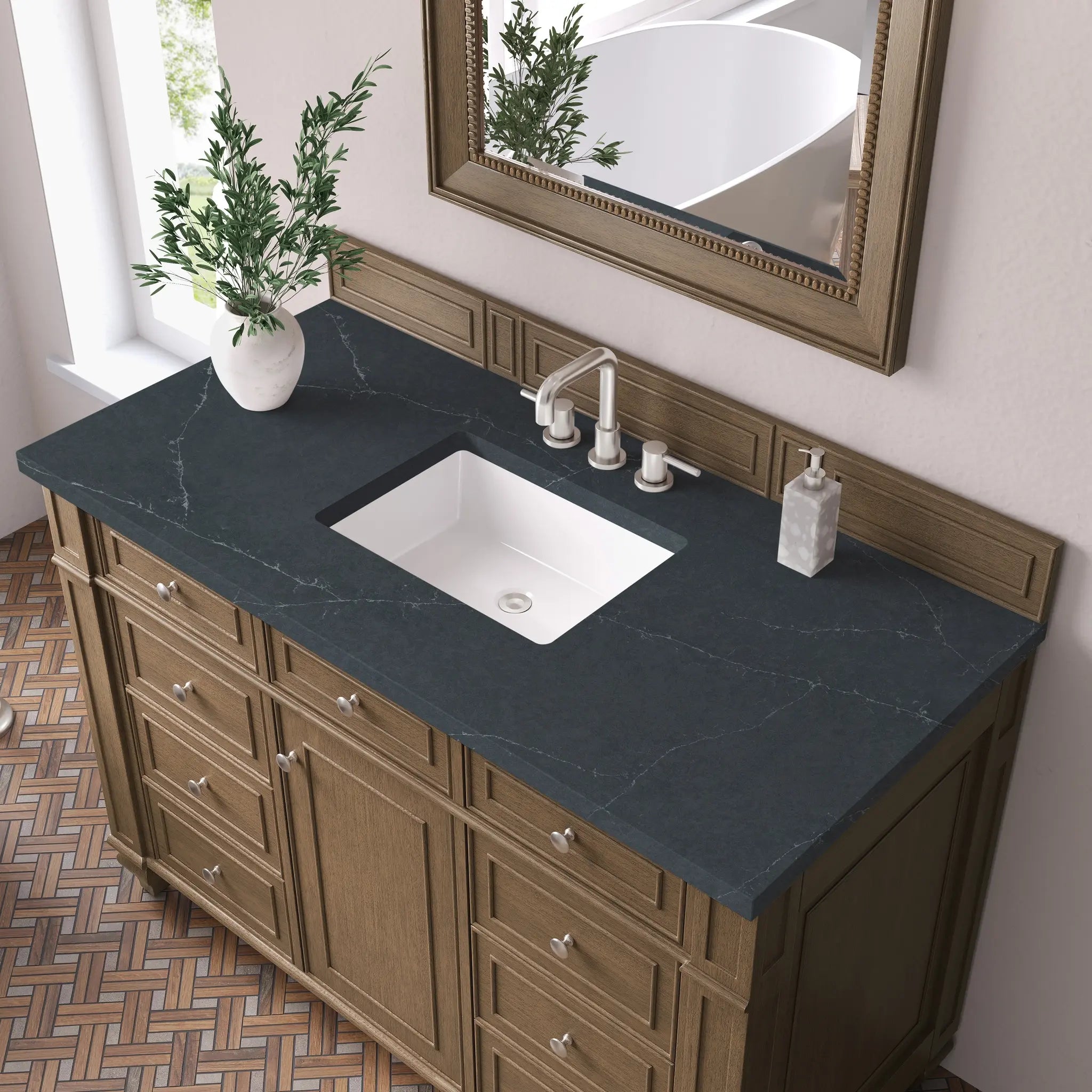 48 Bristol Single Vanity In Saddle Brown Standard Charcoal Soapstone Silestone 8 Widespread 5