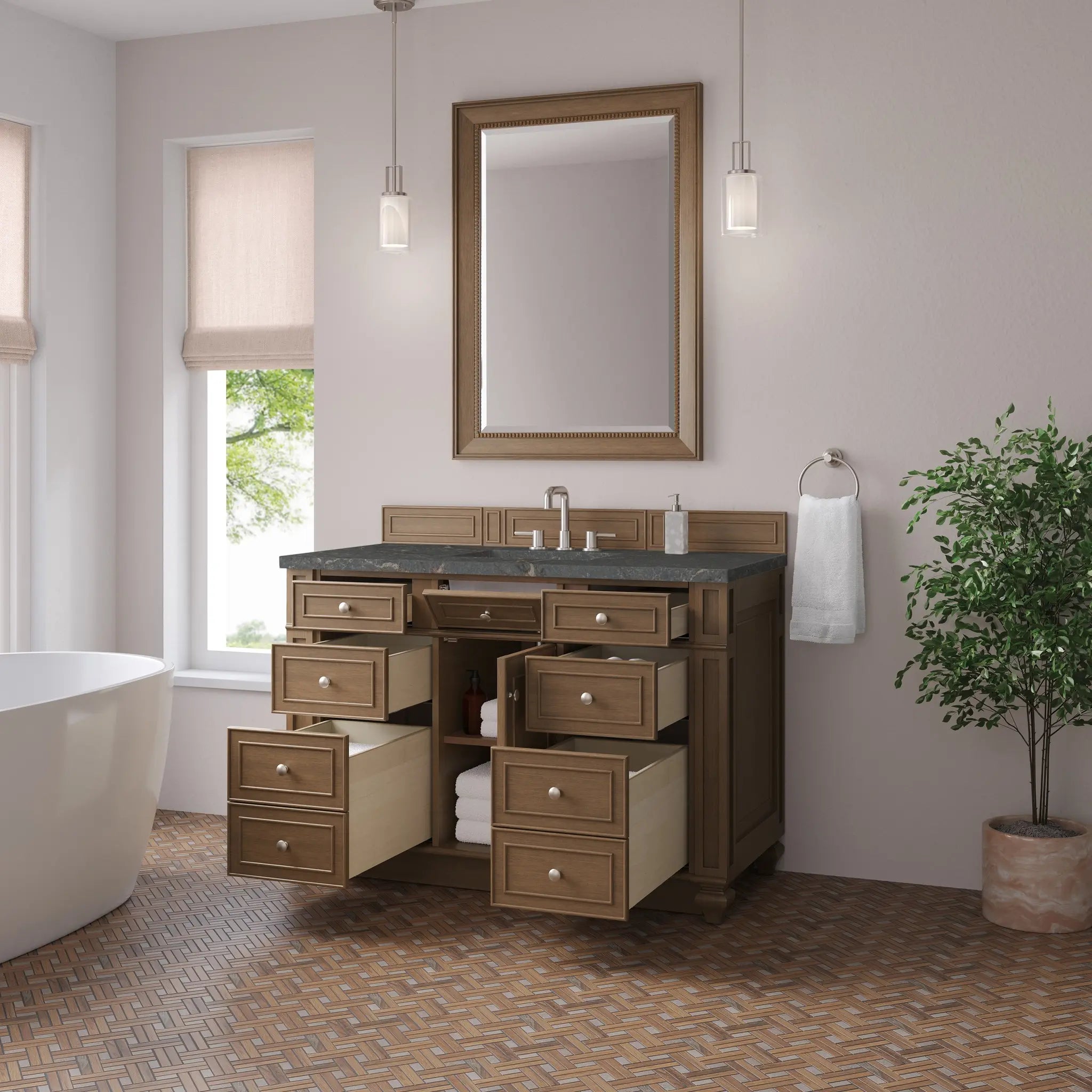 48 Bristol Single Vanity In Saddle Brown Standard Parisien Bleu Silestone 8 Widespread 4