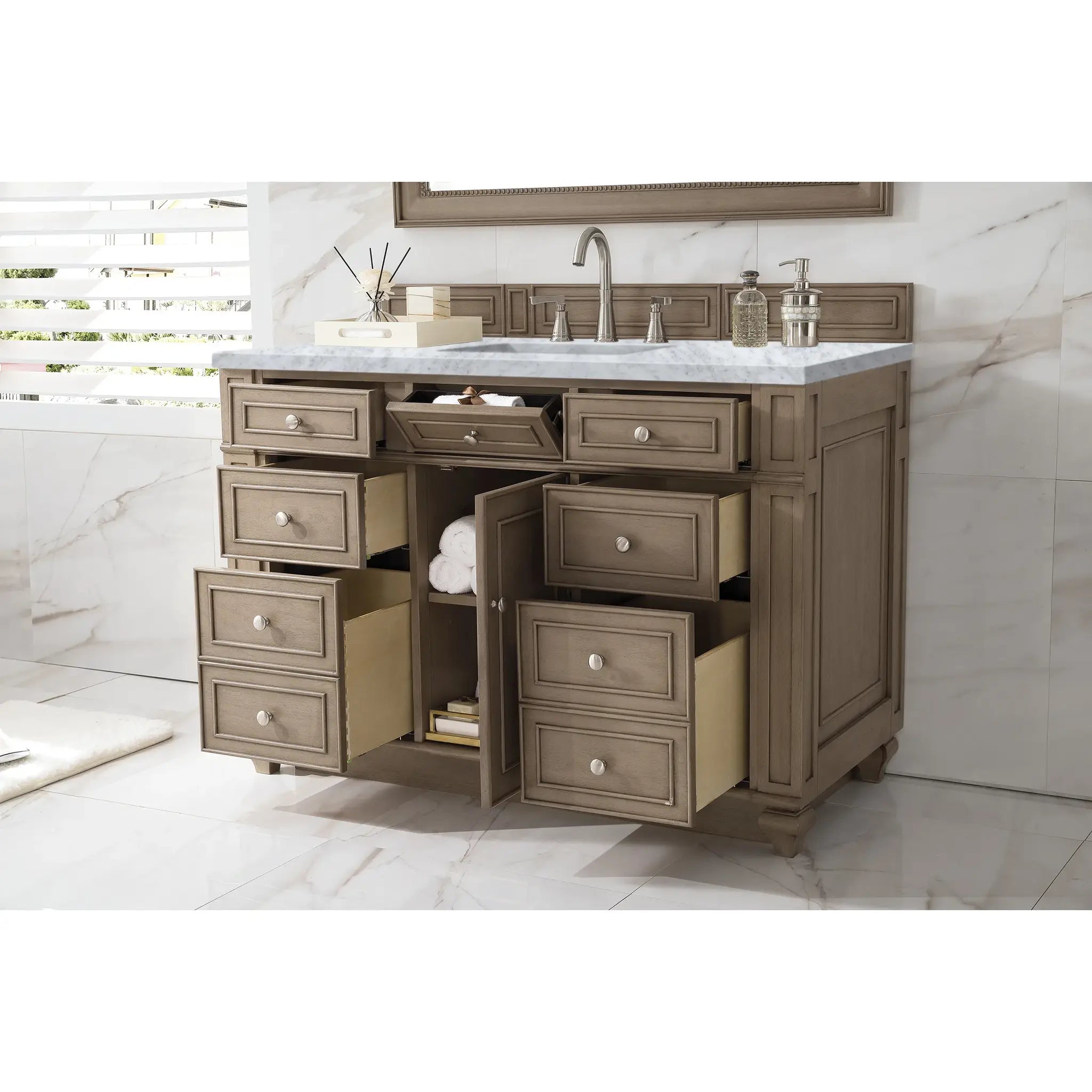 48" Bristol Single Vanity in Whitewashed Walnut-Carrara White Marble-8" Widespread image 3
