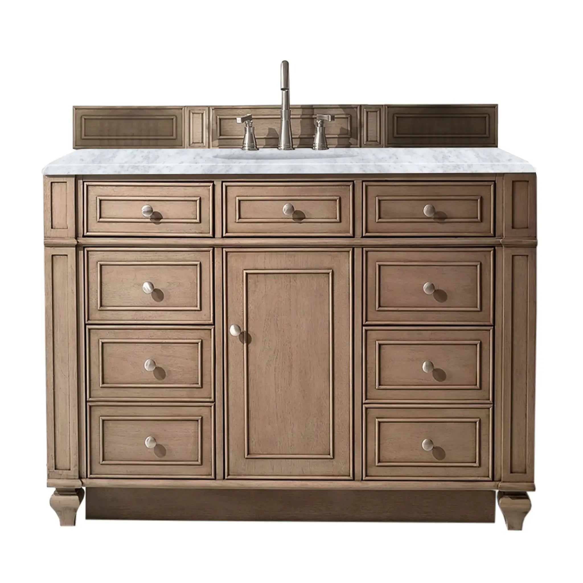 48" Bristol Single Vanity in Whitewashed Walnut-Carrara White Marble-8" Widespread image