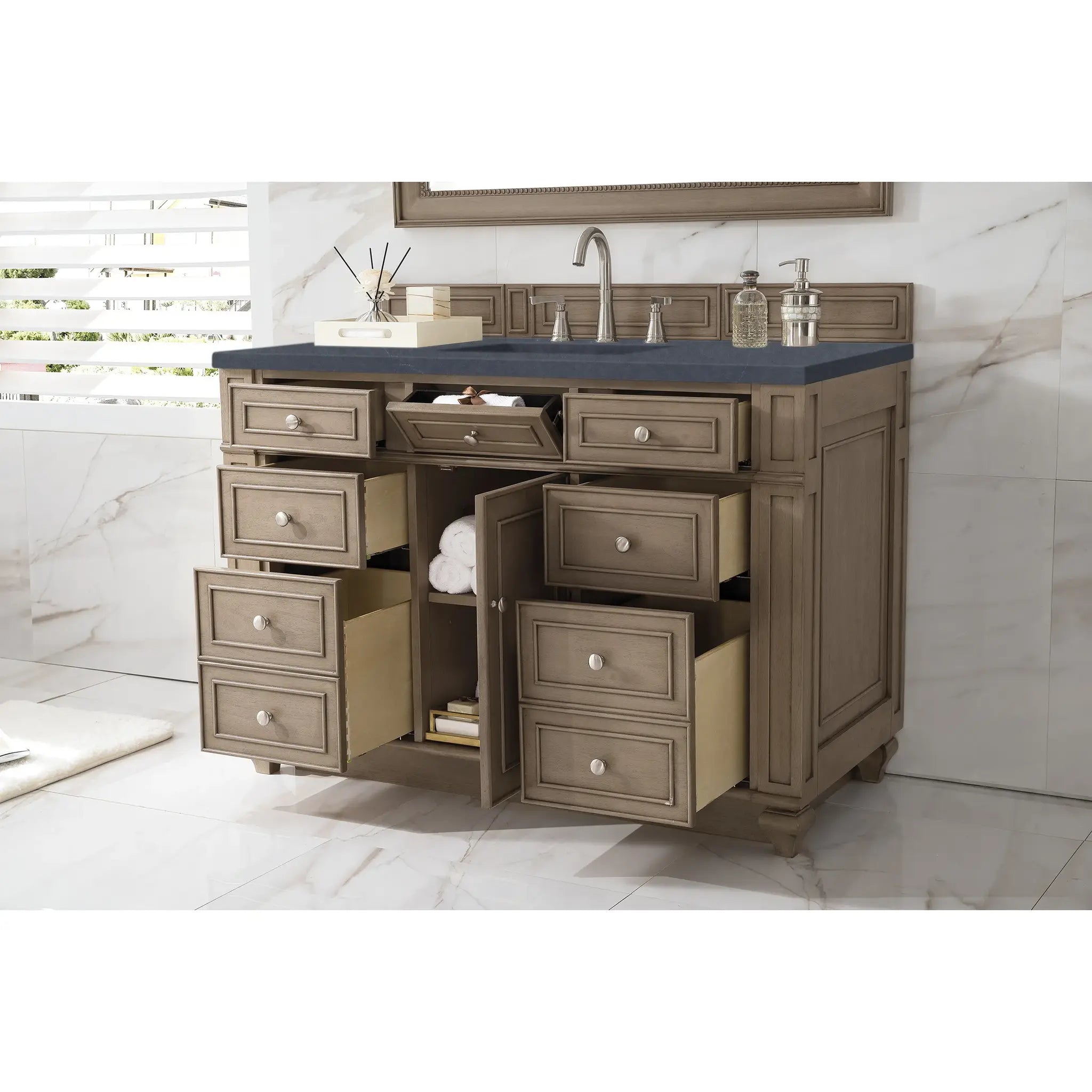 48" Bristol Single Vanity in Whitewashed Walnut-Charcoal Soapstone Silestone-8" Widespread image 3
