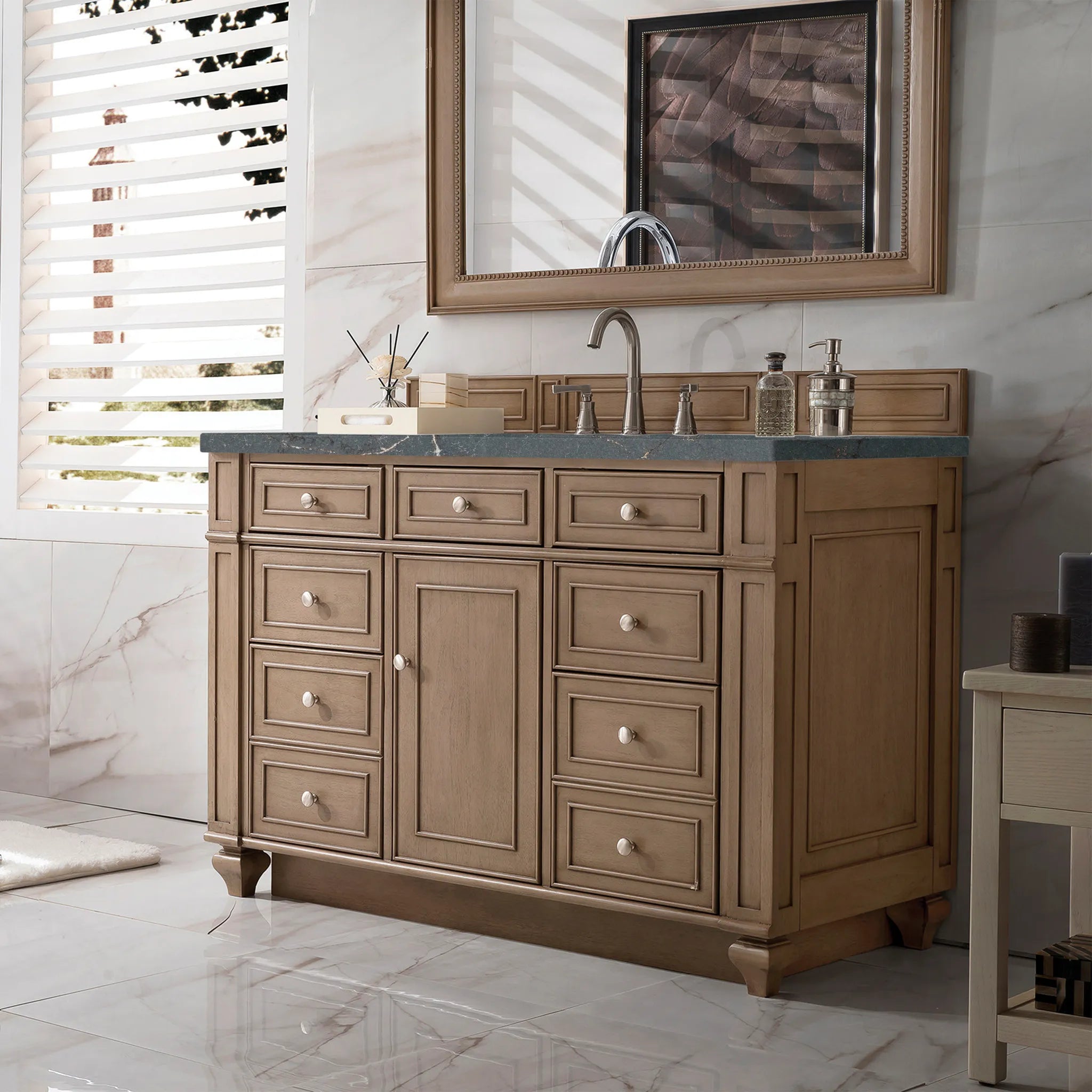 48" Bristol Single Vanity in Whitewashed Walnut-Parisien Bleu Silestone-8" Widespread image 2