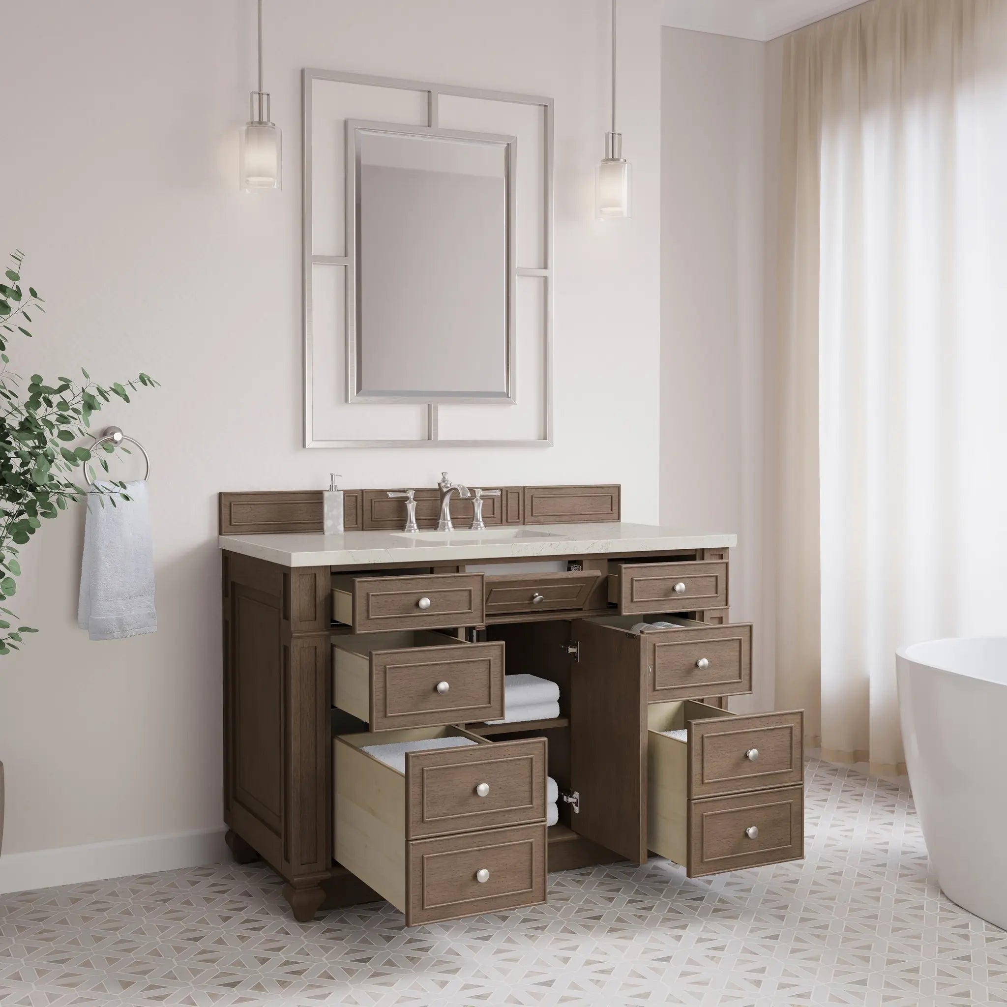 48 Bristol Single Vanity In Whitewashed Walnut Standard Siberian Silestone 8 Widespread 4