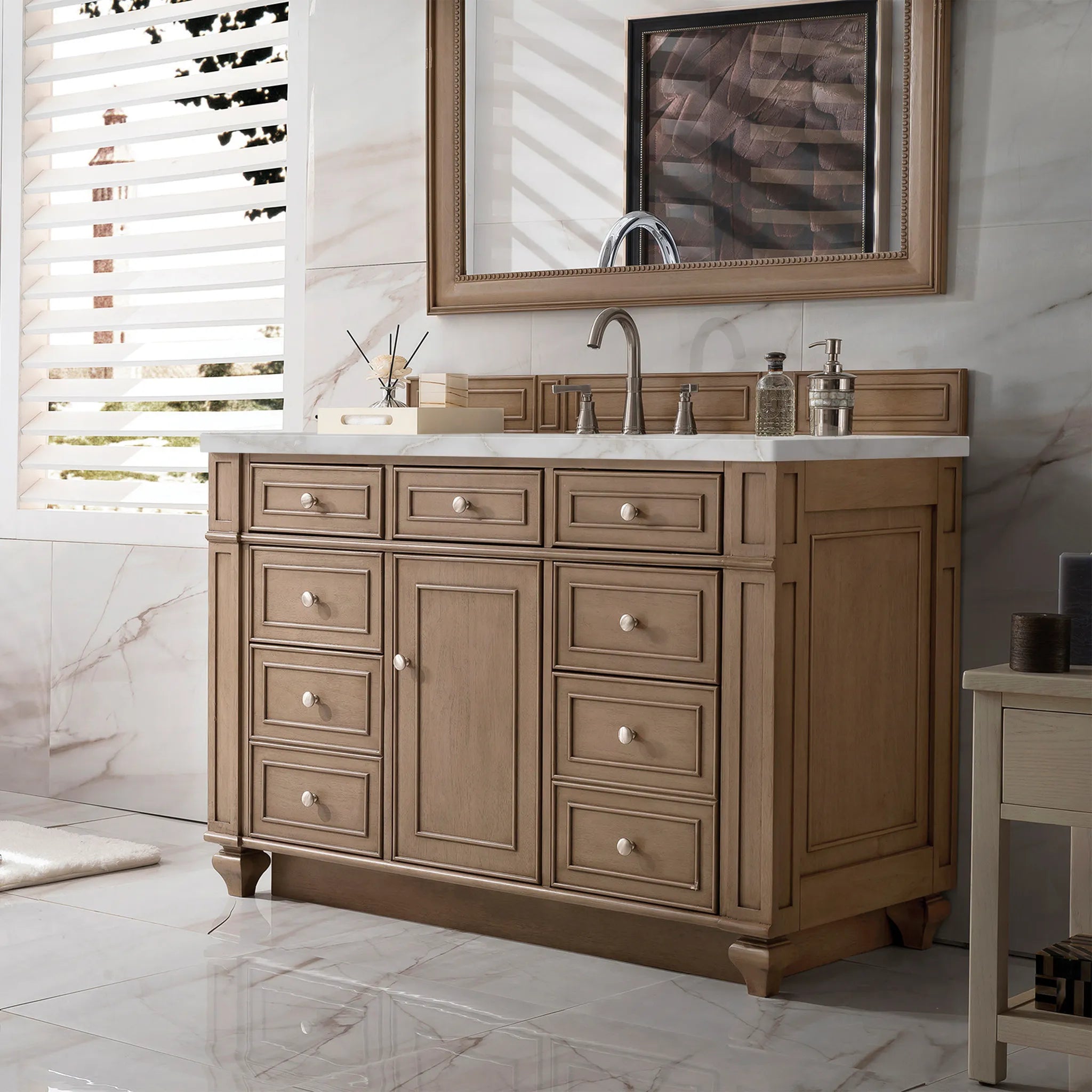 48" Bristol Single Vanity in Whitewashed Walnut-Victorian Silver Silestone-8" Widespread image 2