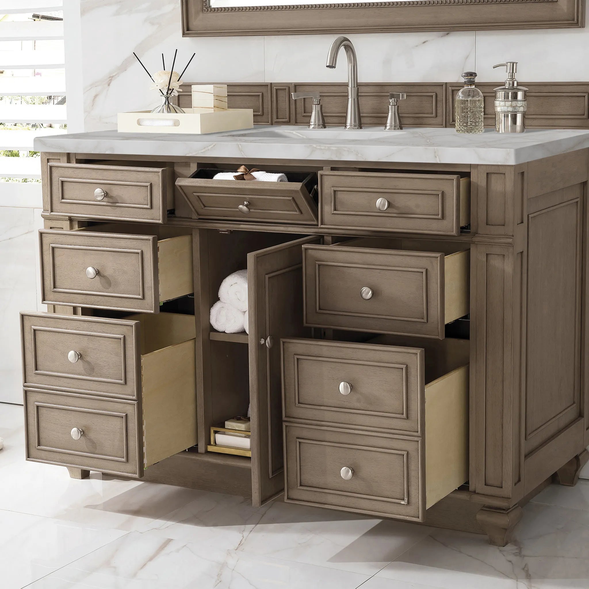 48" Bristol Single Vanity in Whitewashed Walnut-Victorian Silver Silestone-8" Widespread image 3