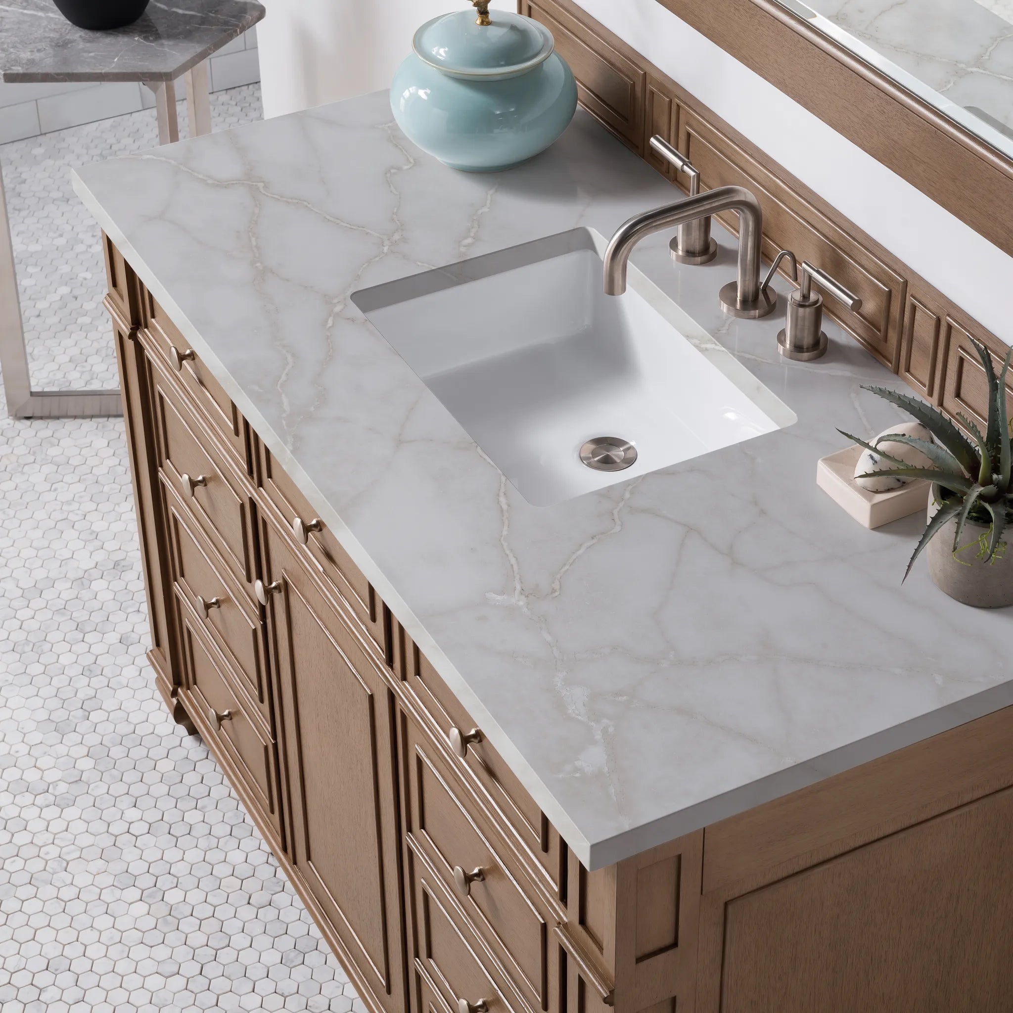 48" Bristol Single Vanity in Whitewashed Walnut-Victorian Silver Silestone-8" Widespread image 4
