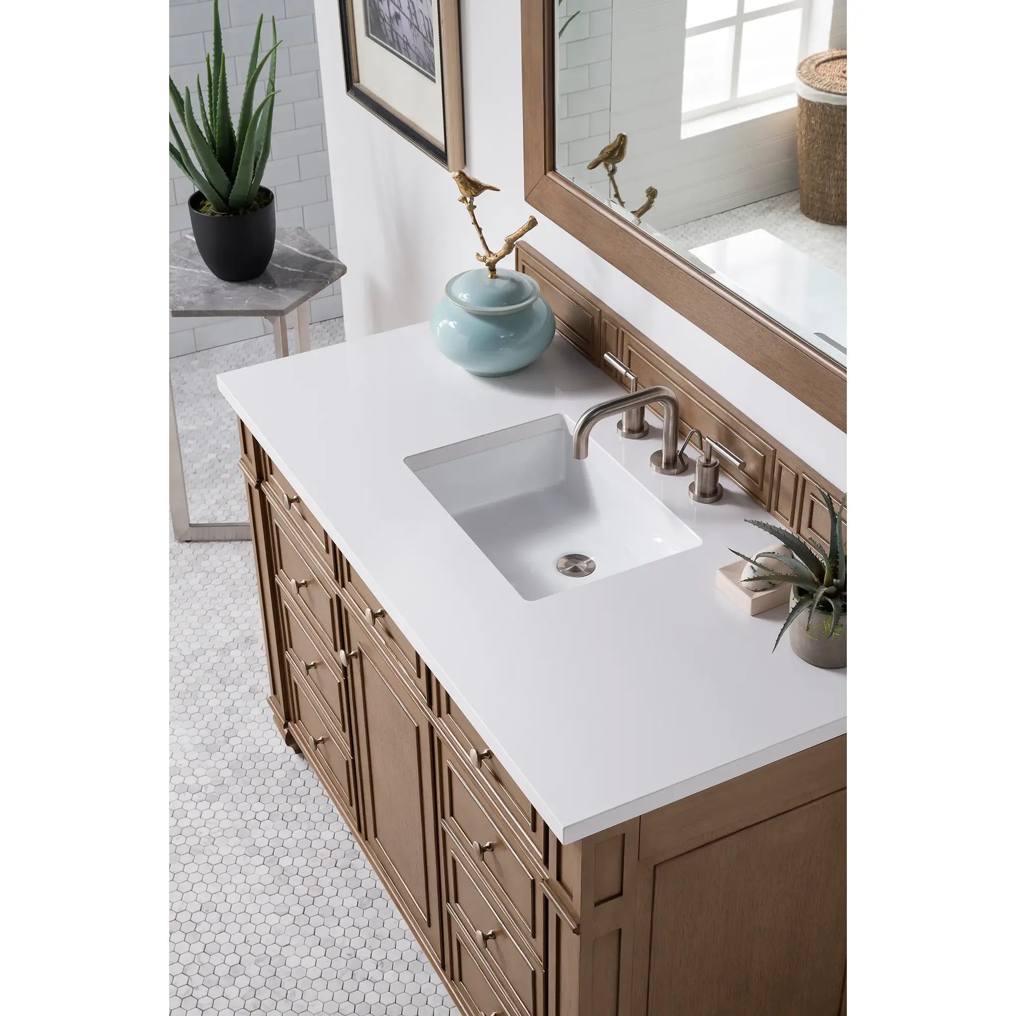 48" Bristol Single Vanity in Whitewashed Walnut-White Zeus Silestone-8" Widespread image 2