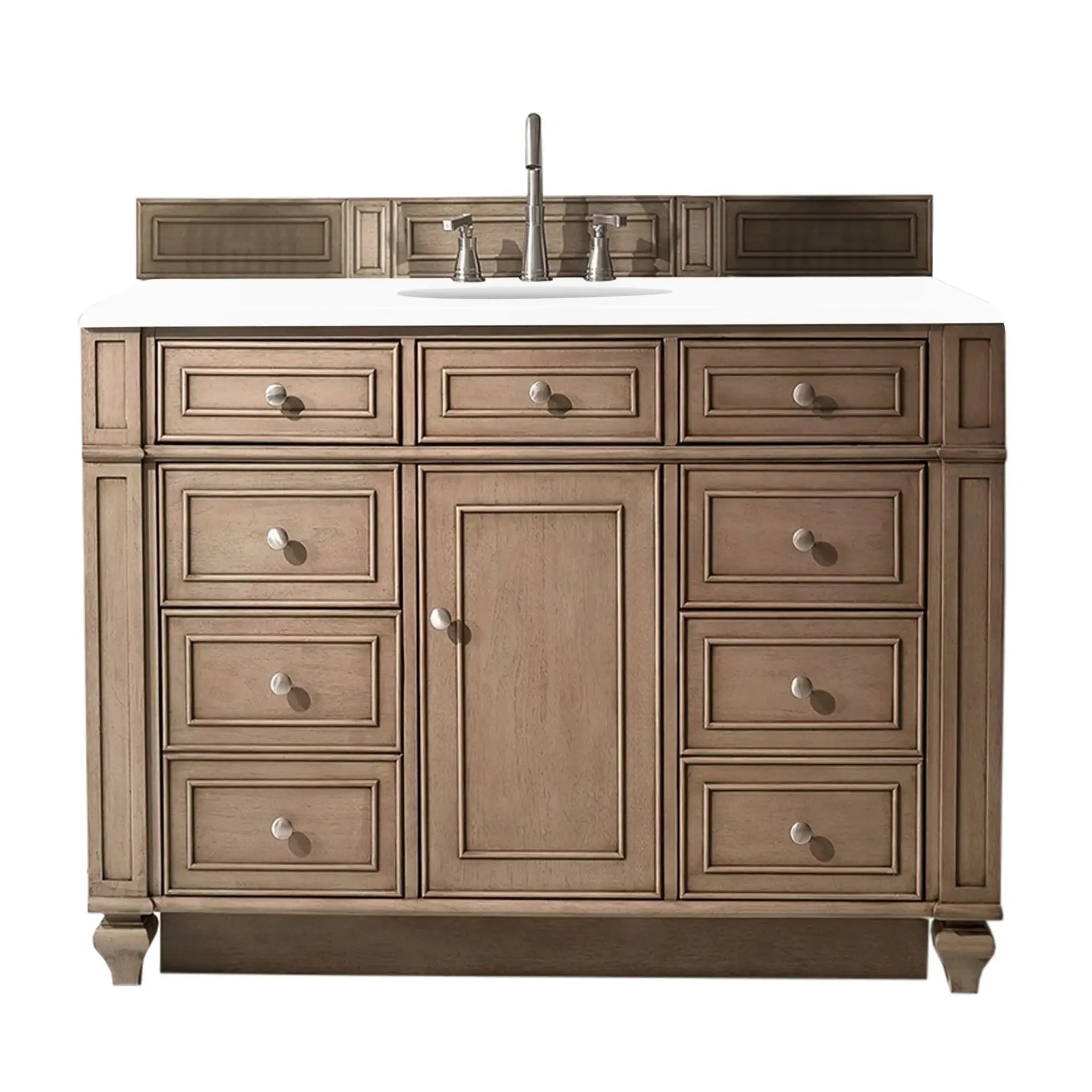 48" Bristol Single Vanity in Whitewashed Walnut-White Zeus Silestone-8" Widespread image