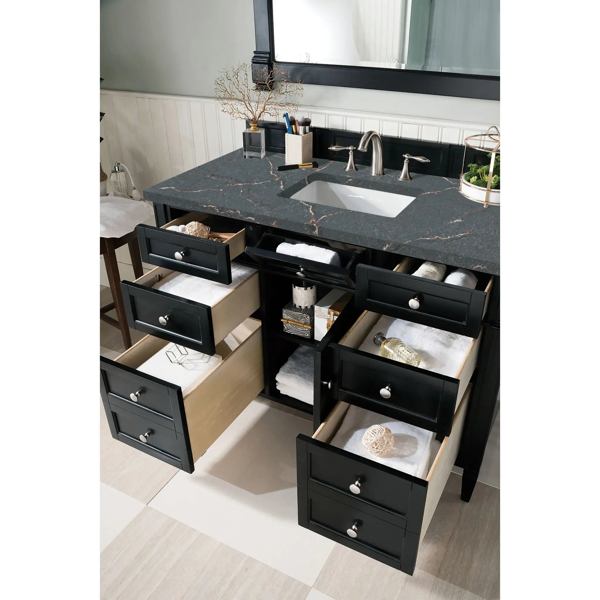 48" Brittany Single Vanity in Black Onyx-Parisien Bleu Silestone-8" Widespread image 3